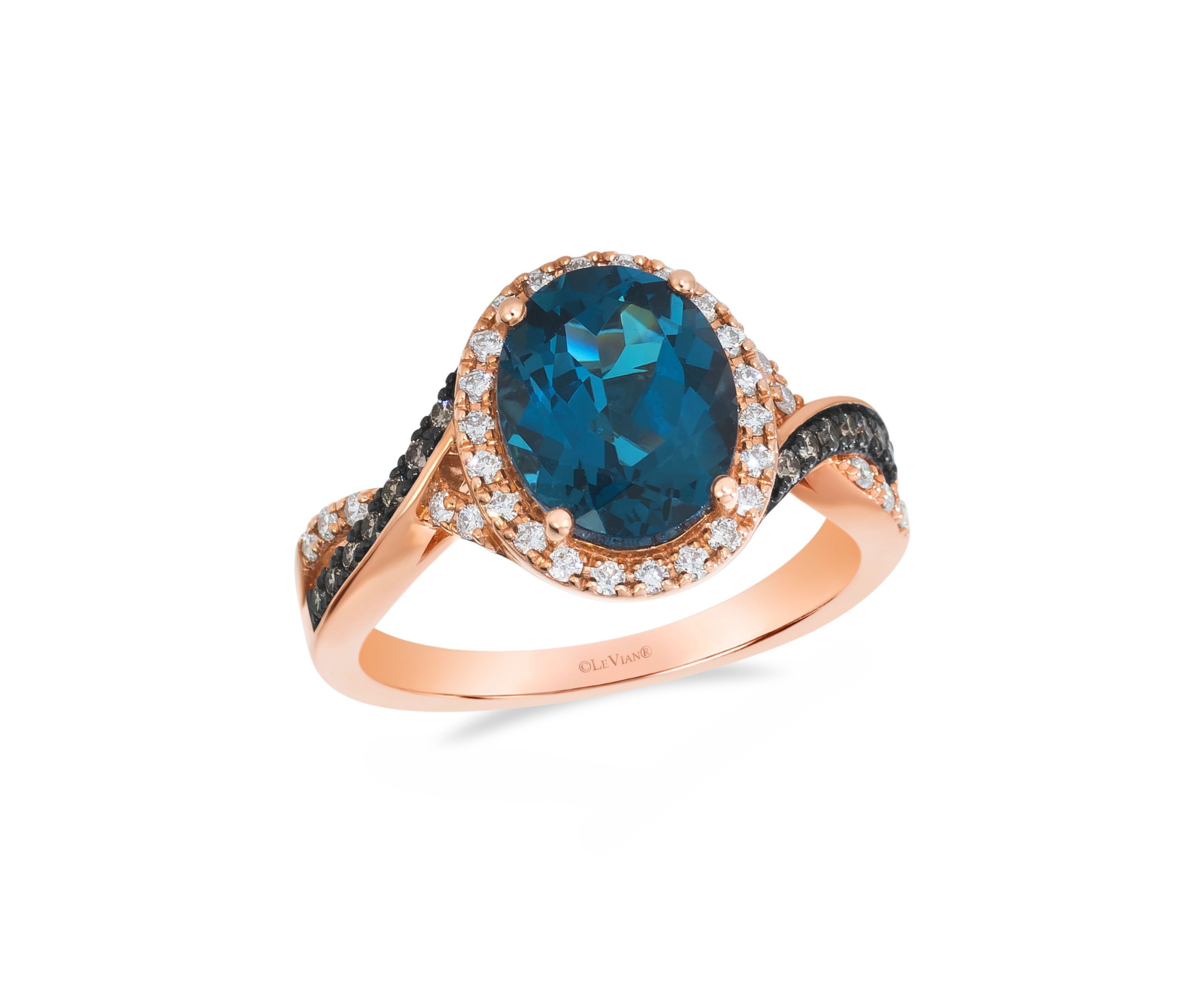 2.75 ct. t.w. Deep Sea Blue Topaz™, 1/10 ct. t.w. Chocolate Diamonds® , 1/4 cts. Vanilla Diamonds® Ring in 14K Strawberry Gold®