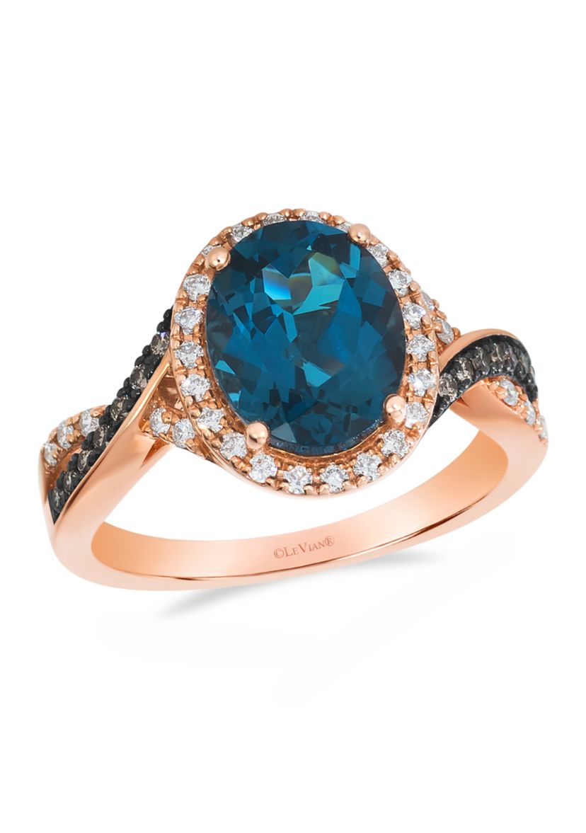 2.75 ct. t.w. Deep Sea Blue Topaz™, 1/10 ct. t.w. Chocolate Diamonds® , 1/4 cts. Vanilla Diamonds® Ring in 14K Strawberry Gold®