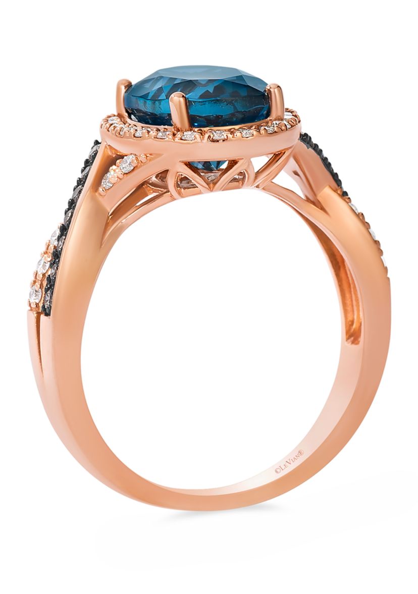 2.75 ct. t.w. Deep Sea Blue Topaz™, 1/10 ct. t.w. Chocolate Diamonds® , 1/4 cts. Vanilla Diamonds® Ring in 14K Strawberry Gold®