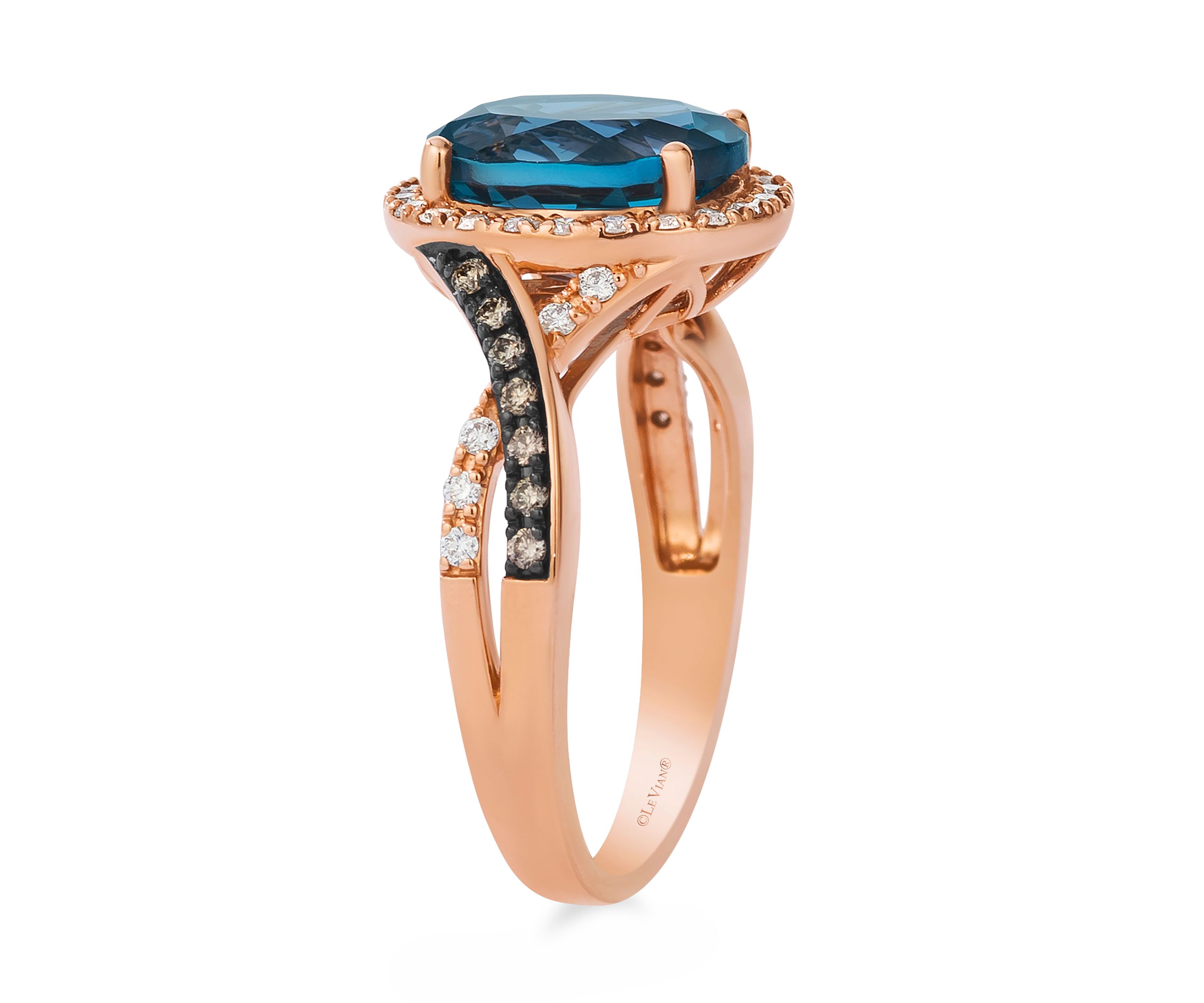 2.75 ct. t.w. Deep Sea Blue Topaz™, 1/10 ct. t.w. Chocolate Diamonds® , 1/4 cts. Vanilla Diamonds® Ring in 14K Strawberry Gold®