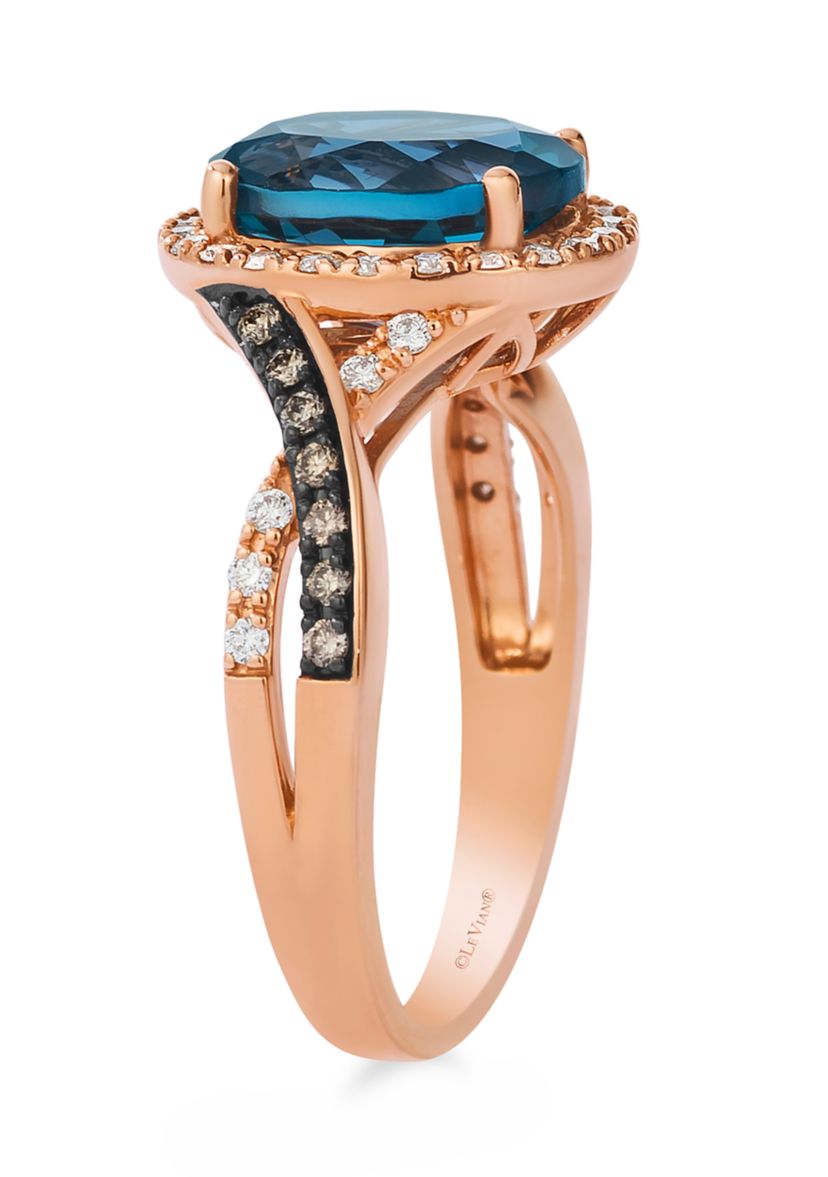 2.75 ct. t.w. Deep Sea Blue Topaz™, 1/10 ct. t.w. Chocolate Diamonds® , 1/4 cts. Vanilla Diamonds® Ring in 14K Strawberry Gold®