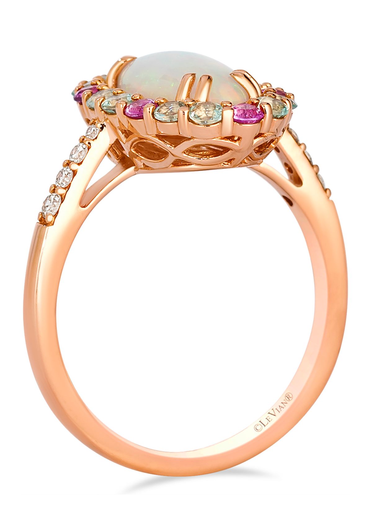 Ring featuring 1.2 ct. t.w. Neopolitan Opal™, 1/5 ct. t.w. Bubble Gum Pink Sapphire™, 1/4 ct. t.w. Green Beryl, 1/10 ct. t.w. Nude Diamonds™ set in 14K Strawberry Gold®