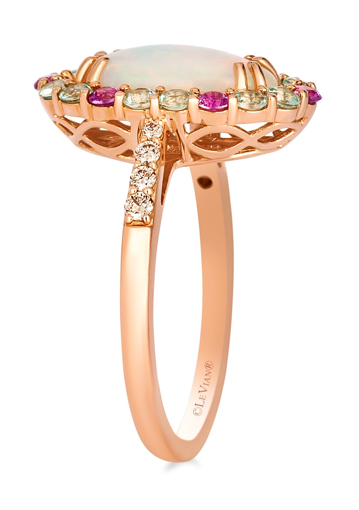 Ring featuring 1.2 ct. t.w. Neopolitan Opal™, 1/5 ct. t.w. Bubble Gum Pink Sapphire™, 1/4 ct. t.w. Green Beryl, 1/10 ct. t.w. Nude Diamonds™ set in 14K Strawberry Gold®