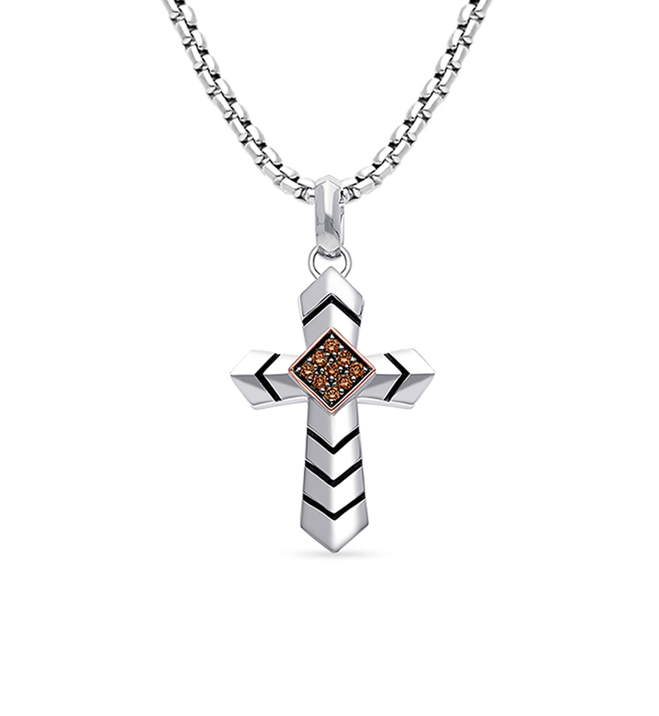 Mens 1/8 ct. t.w. Chocolate Diamonds® Cross Pendant Necklace in Sterling Silver and 14K Strawberry Gold®