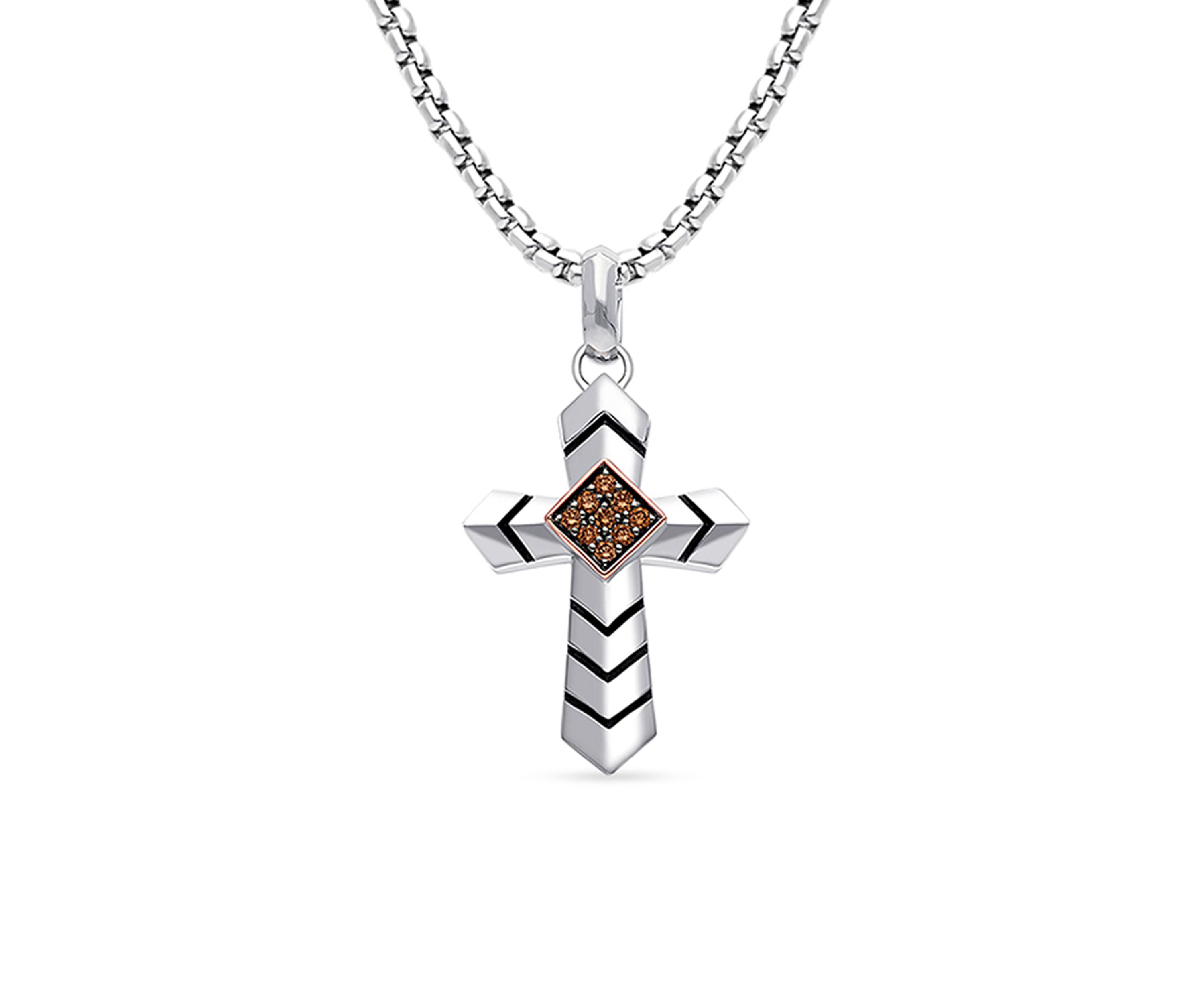 Mens 1/8 ct. t.w. Chocolate Diamonds® Cross Pendant Necklace in Sterling Silver and 14K Strawberry Gold®