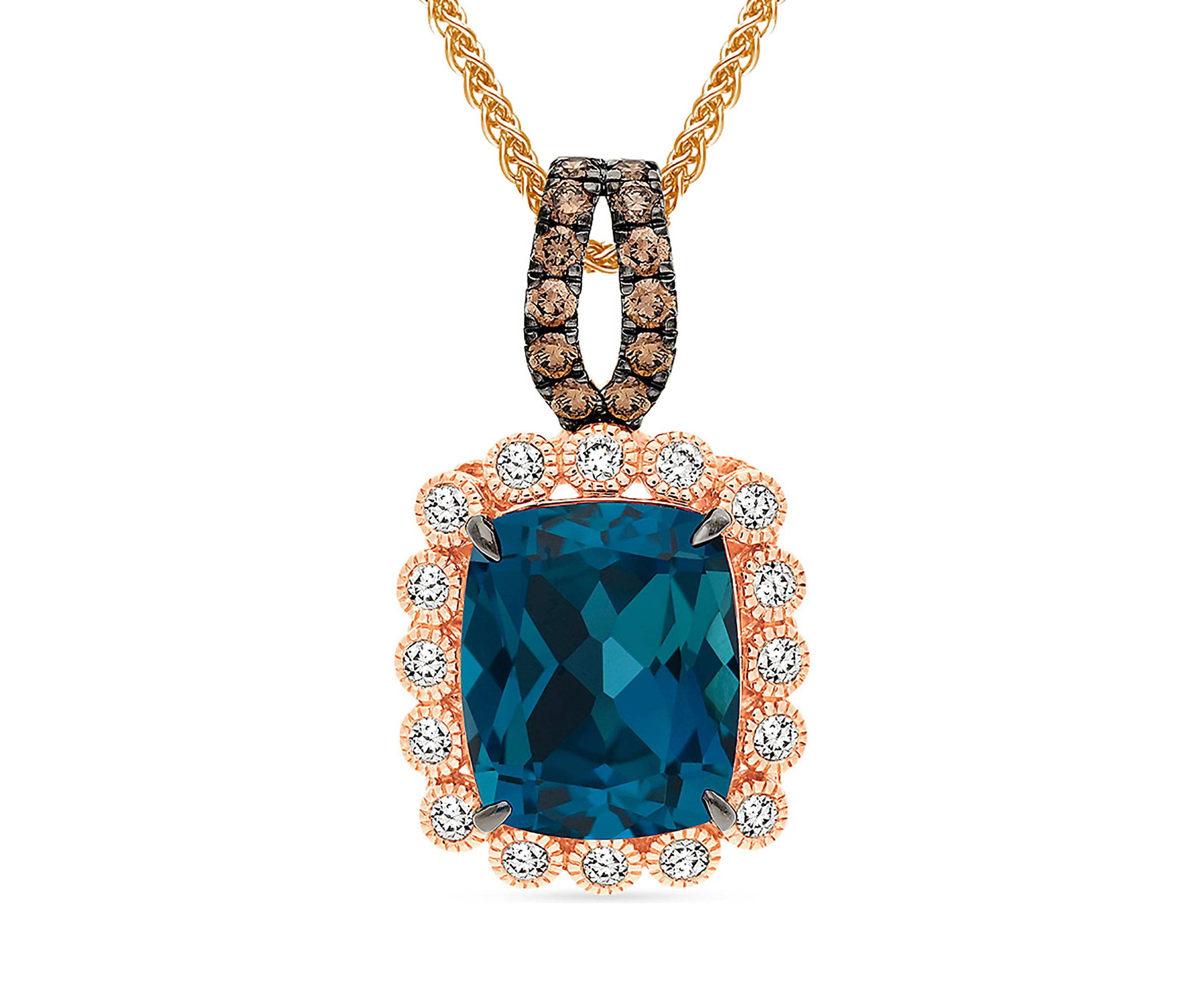 4.25 ct. t.w. Deep Sea Blue Topaz™, 1/4 ct. t.w. Chocolate Diamonds®, 1/4 ct. t.w. Nude Diamonds™ Pendant Necklace in 14K Strawberry Gold®
