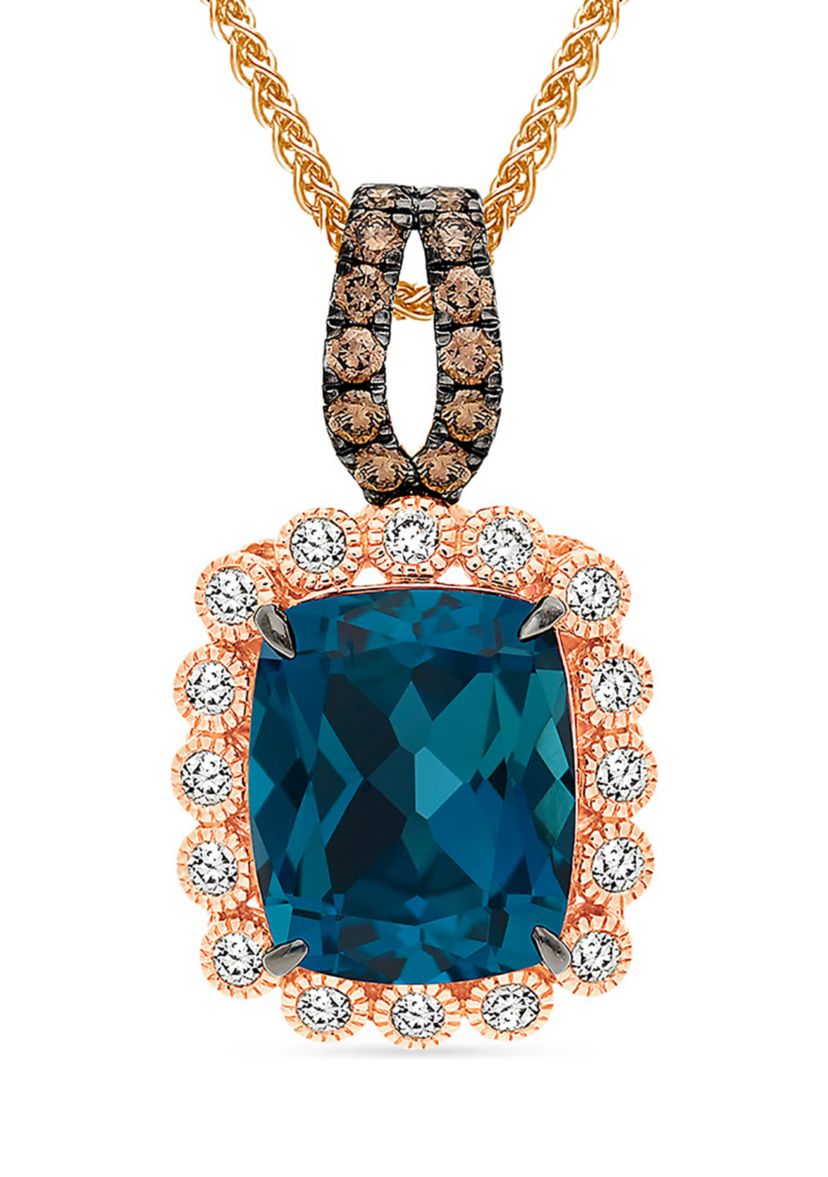 4.25 ct. t.w. Deep Sea Blue Topaz™, 1/4 ct. t.w. Chocolate Diamonds®, 1/4 ct. t.w. Nude Diamonds™ Pendant Necklace in 14K Strawberry Gold®
