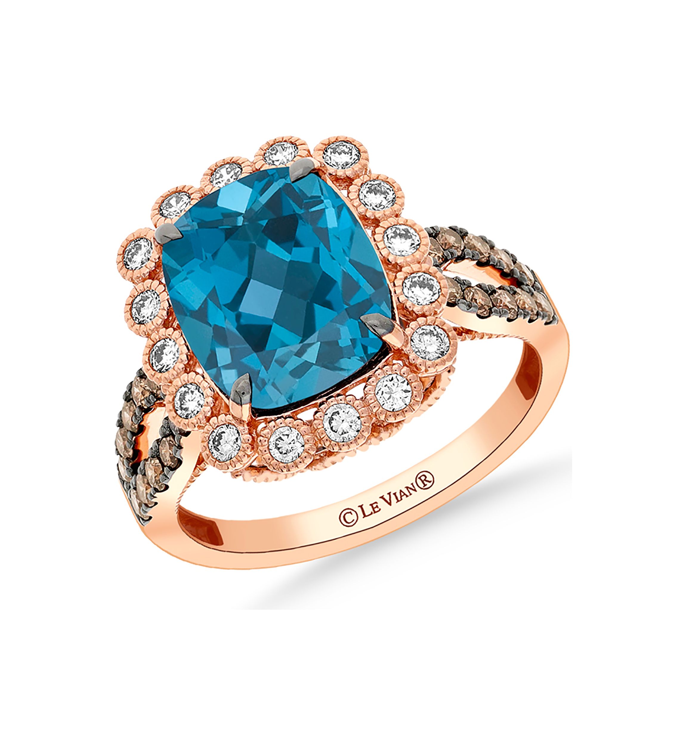 4.25 ct. t.w. Deep Sea Blue Topaz™, 1/4 ct. t.w. Nude Diamonds™, 1/3 ct. t.w. Chocolate Diamonds® Ring in 14K Strawberry Gold®