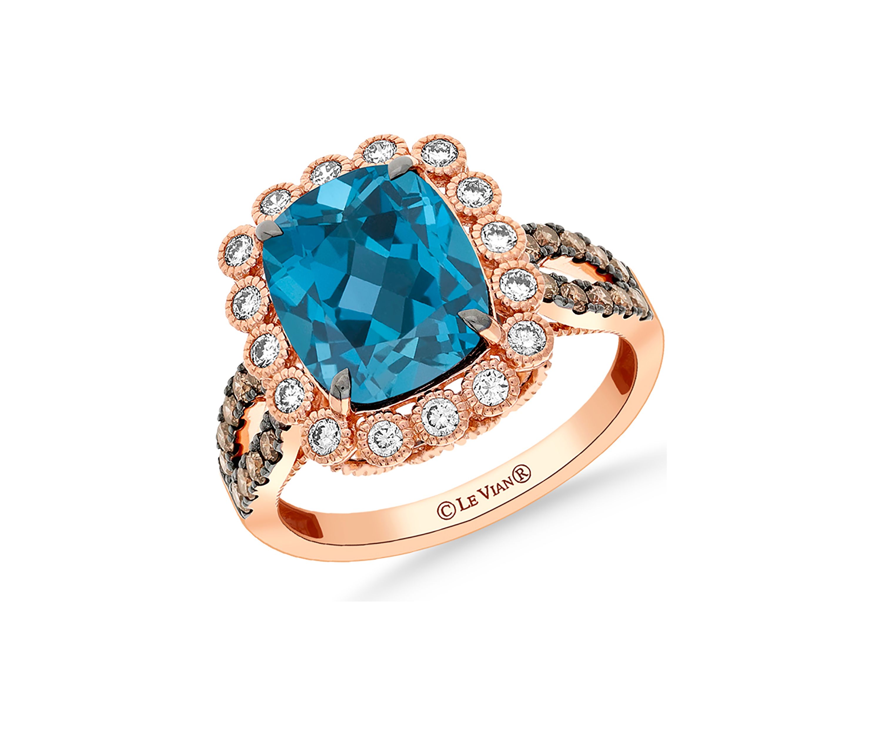 4.25 ct. t.w. Deep Sea Blue Topaz™, 1/4 ct. t.w. Nude Diamonds™, 1/3 ct. t.w. Chocolate Diamonds® Ring in 14K Strawberry Gold®