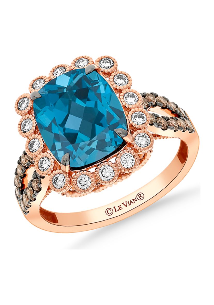 4.25 ct. t.w. Deep Sea Blue Topaz™, 1/4 ct. t.w. Nude Diamonds™, 1/3 ct. t.w. Chocolate Diamonds® Ring in 14K Strawberry Gold®