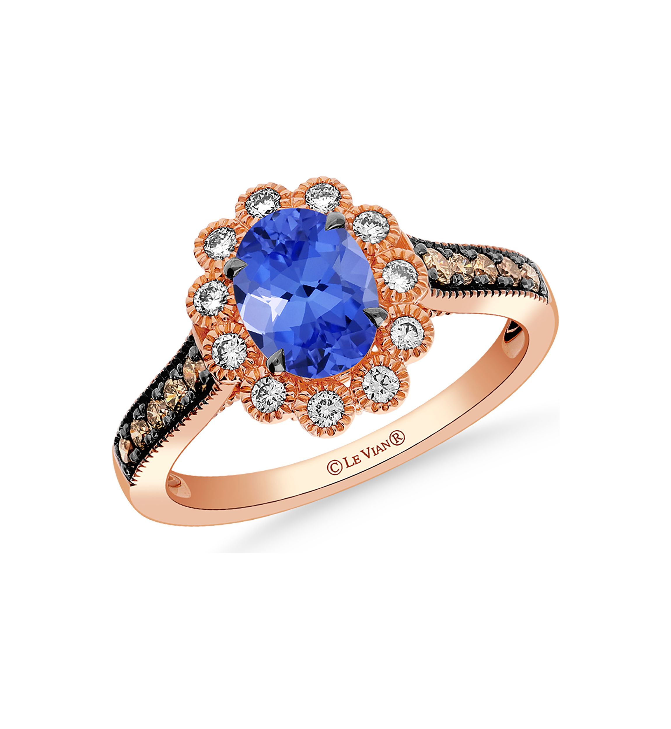 1 ct. Blueberry Tanzanite®, 1/5 ct. t.w. Chocolate Diamonds®, 1/5 ct. t.w. Nude Diamonds™ Ring in 14K Strawberry Gold®