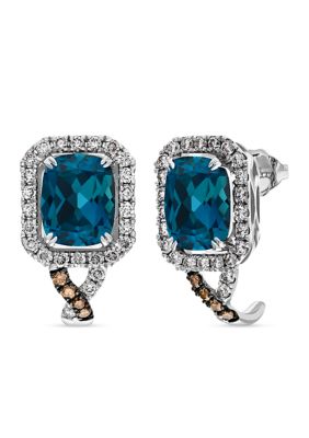 5 ct. t.w. Deep Sea Blue Topaz™, 1/6 ct. t.w. Chocolate Diamonds®, 7/8 ct. t.w. Nude Diamonds™ Earrings in 14K Vanilla Gold®