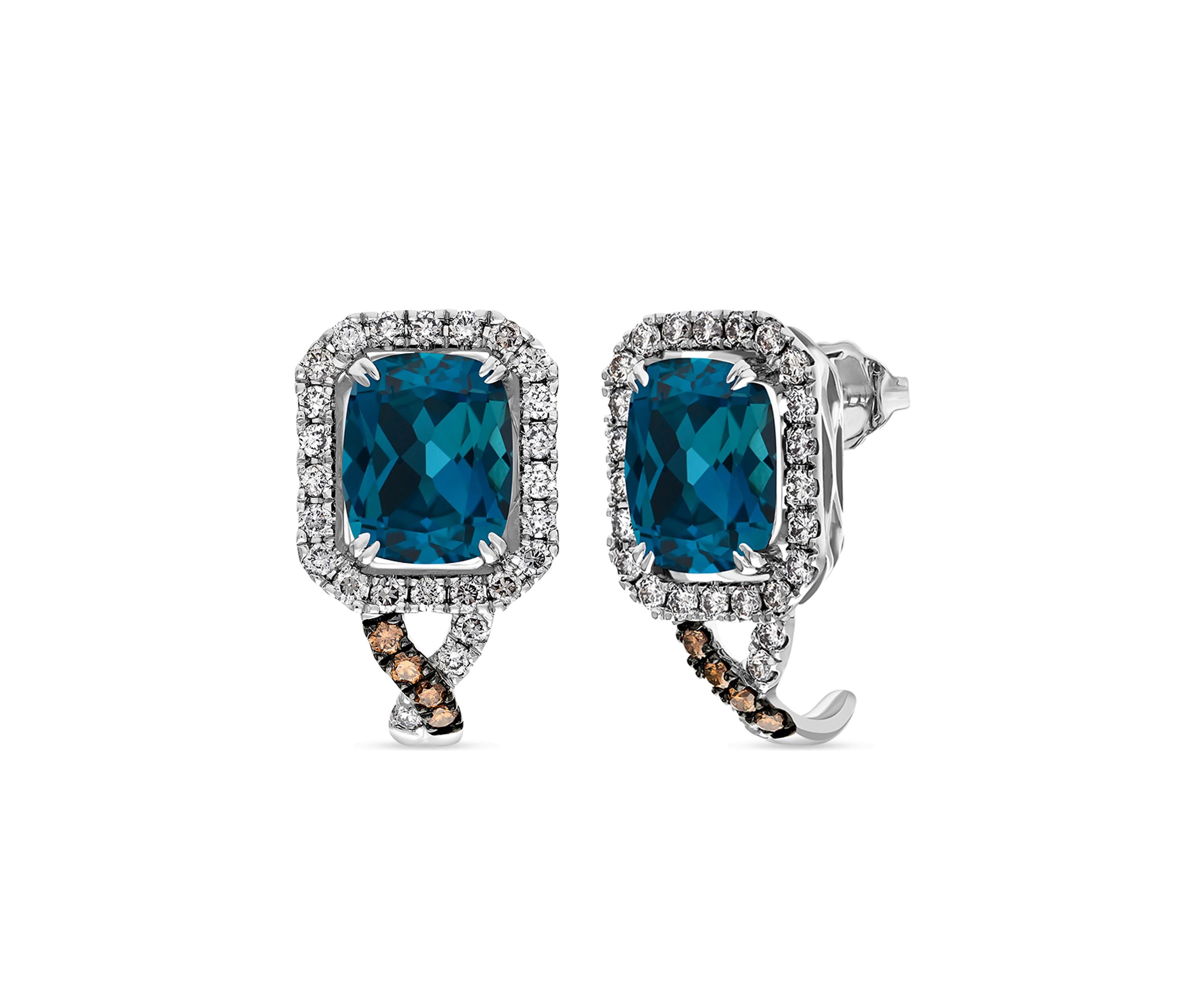 5 ct. t.w. Deep Sea Blue Topaz™, 1/6 ct. t.w. Chocolate Diamonds®, 7/8 ct. t.w. Nude Diamonds™ Earrings in 14K Vanilla Gold®