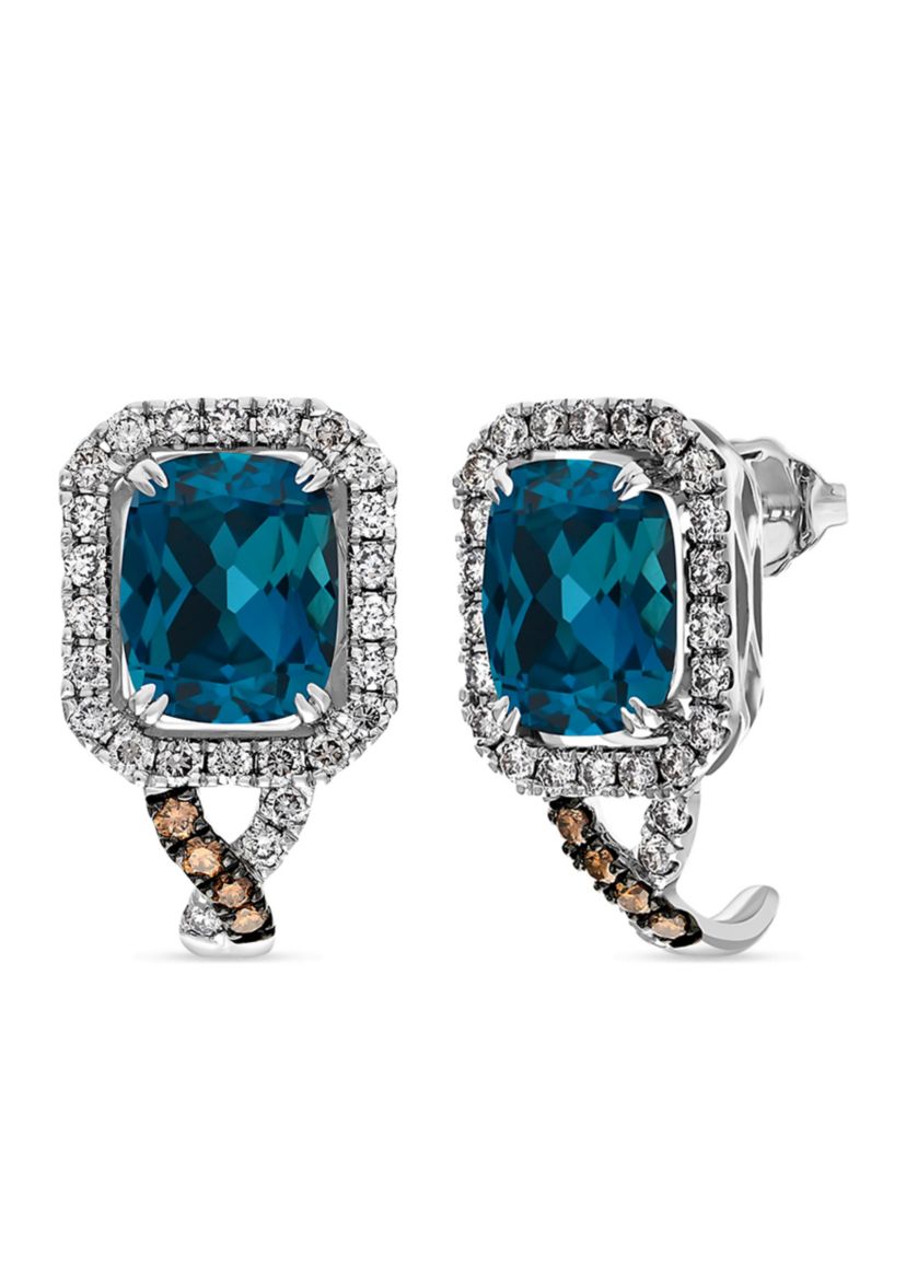 5 ct. t.w. Deep Sea Blue Topaz™, 1/6 ct. t.w. Chocolate Diamonds®, 7/8 ct. t.w. Nude Diamonds™ Earrings in 14K Vanilla Gold®