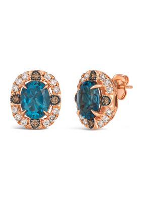 4 ct. t.w. Deep Sea Blue Topaz™, 1/3 ct. t.w. Chocolate Diamonds®, 1/2 ct. t.w. Nude Diamonds™ Round Earrings in 14K Strawberry Gold®