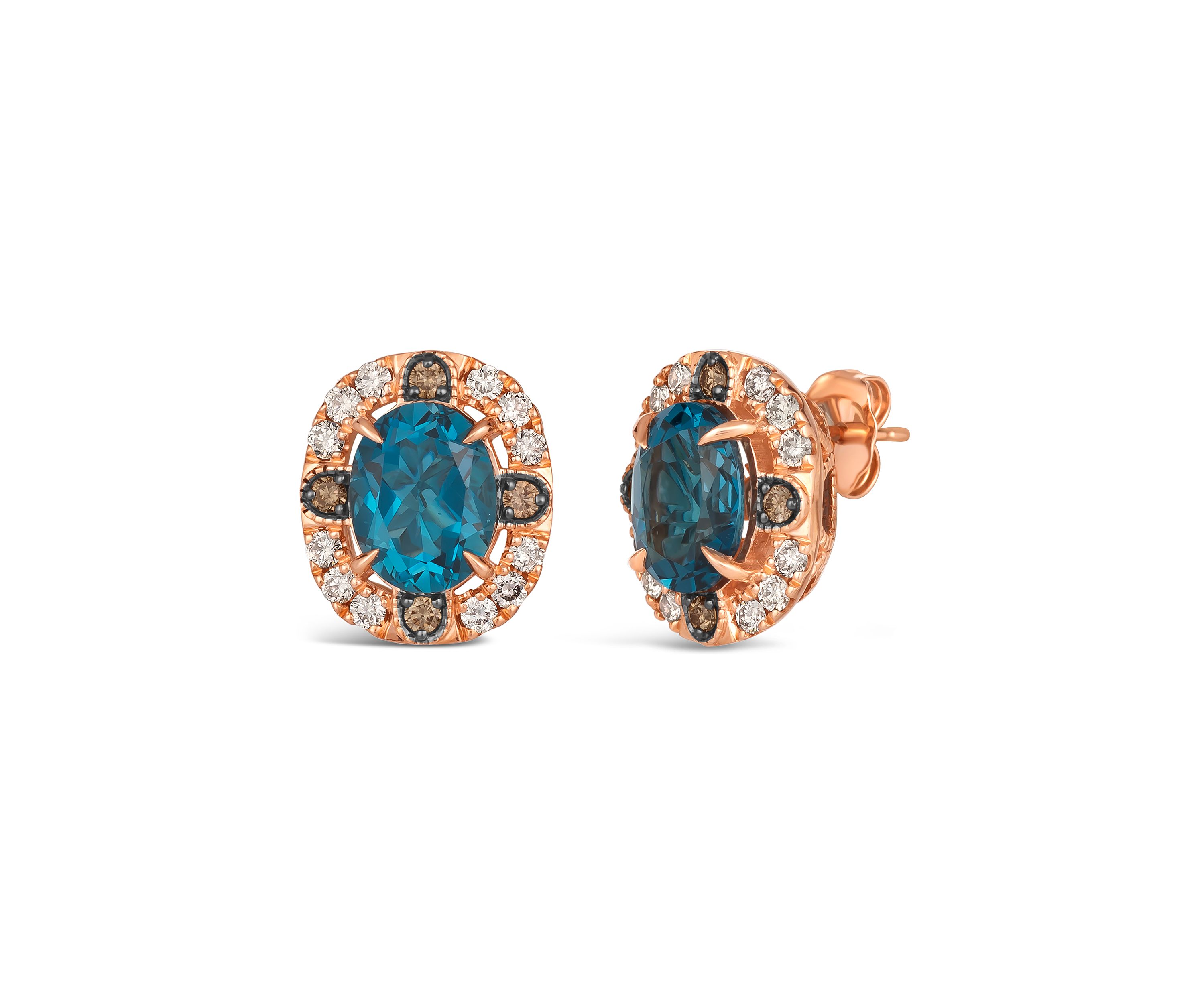 4 ct. t.w. Deep Sea Blue Topaz™, 1/3 ct. t.w. Chocolate Diamonds®, 1/2 ct. t.w. Nude Diamonds™ Round Earrings in 14K Strawberry Gold®