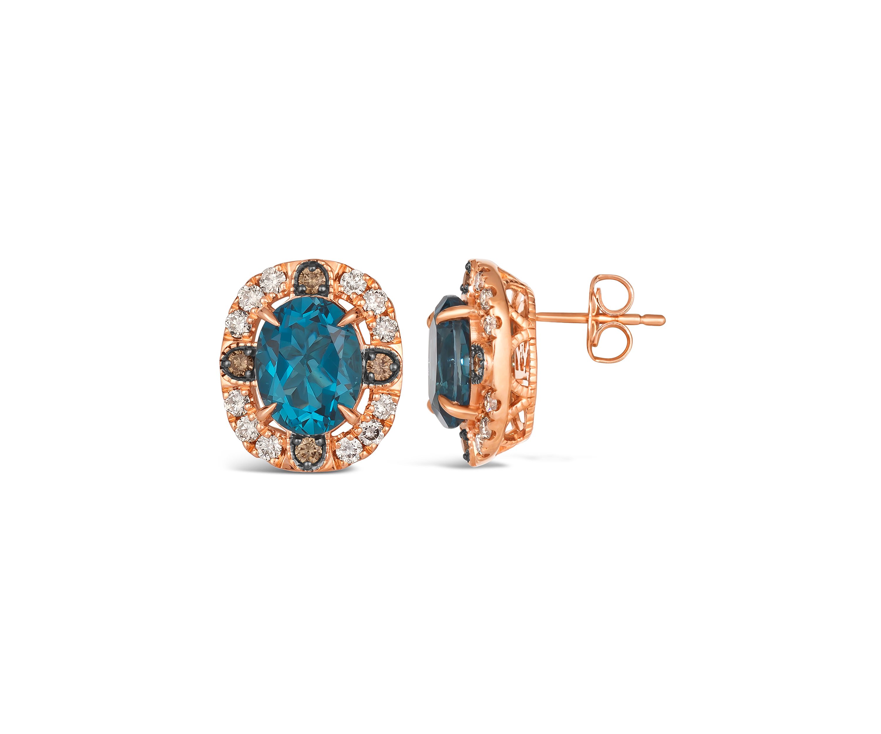 4 ct. t.w. Deep Sea Blue Topaz™, 1/3 ct. t.w. Chocolate Diamonds®, 1/2 ct. t.w. Nude Diamonds™ Round Earrings in 14K Strawberry Gold®