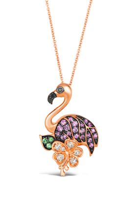 3/8 ct. t.w. Bubble Gum Pink Sapphire™, 1/10 ct. t.w. Forest Green Tsavorite™, 1/5 ct. t.w. Nude Diamonds™, 1/20 ct. t.w. Blackberry Diamonds® Flamingo Pendant Necklace in 14K Strawberry Gold®