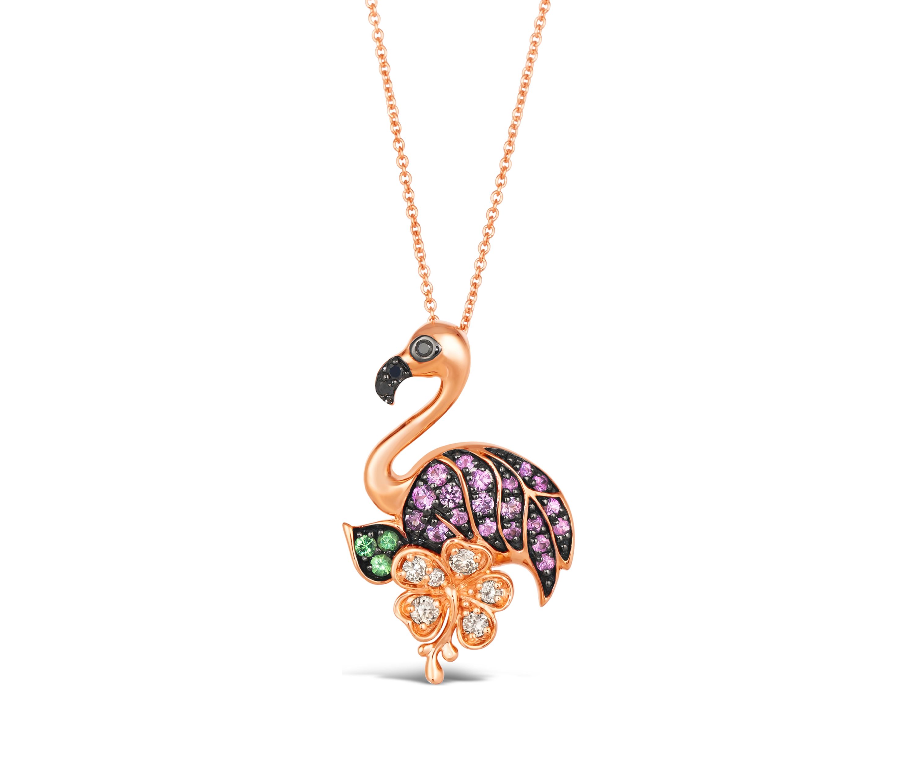 3/8 ct. t.w. Bubble Gum Pink Sapphire™, 1/10 ct. t.w. Forest Green Tsavorite™, 1/5 ct. t.w. Nude Diamonds™, 1/20 ct. t.w. Blackberry Diamonds® Flamingo Pendant Necklace in 14K Strawberry Gold®