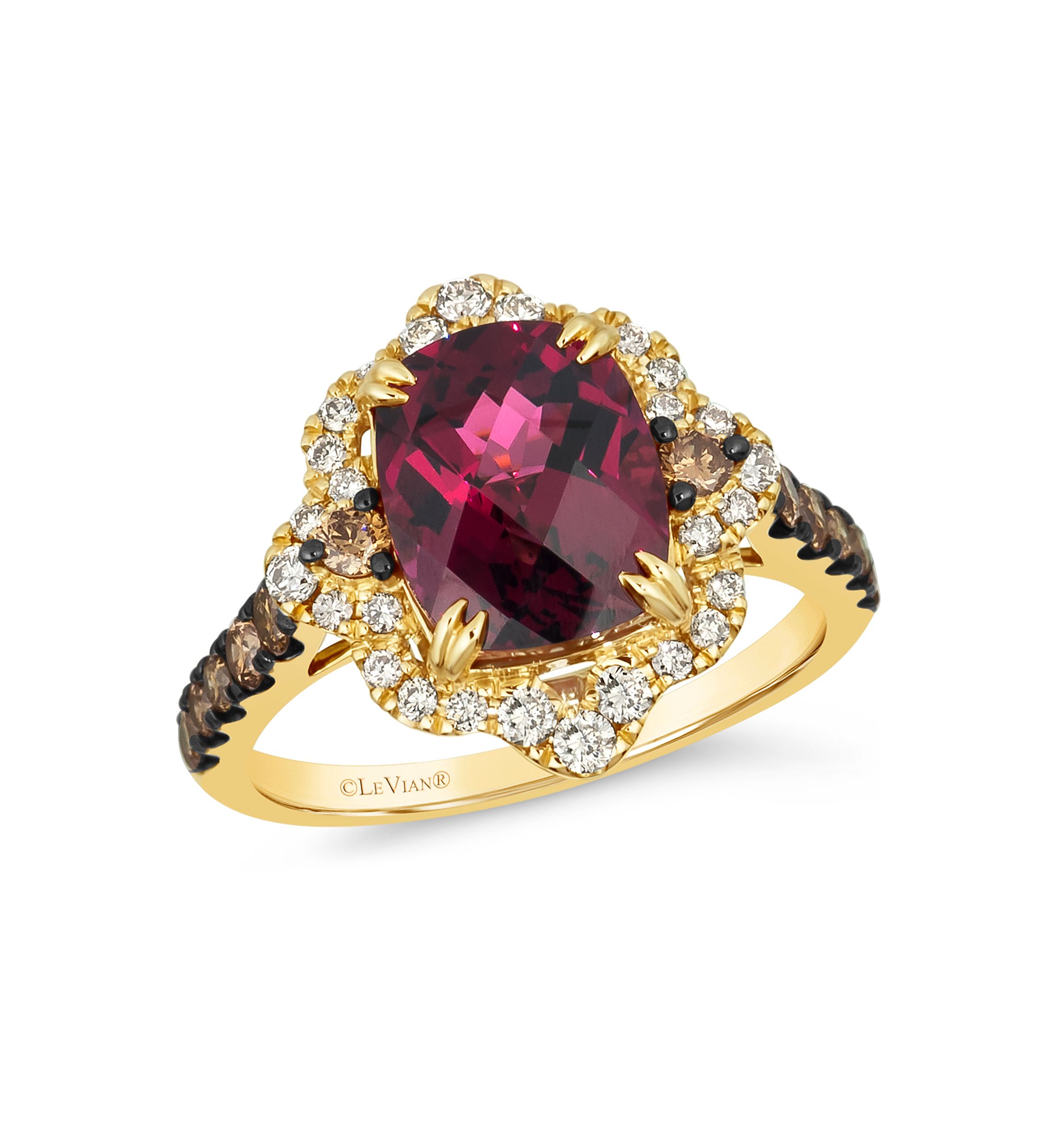 3.75 ct. t.w. Raspberry Rhodolite®, 3/8 ct. t.w. Chocolate Diamonds®, 1/3 ct. t.w. Nude Diamonds™ Ring in 14K Honey Gold™