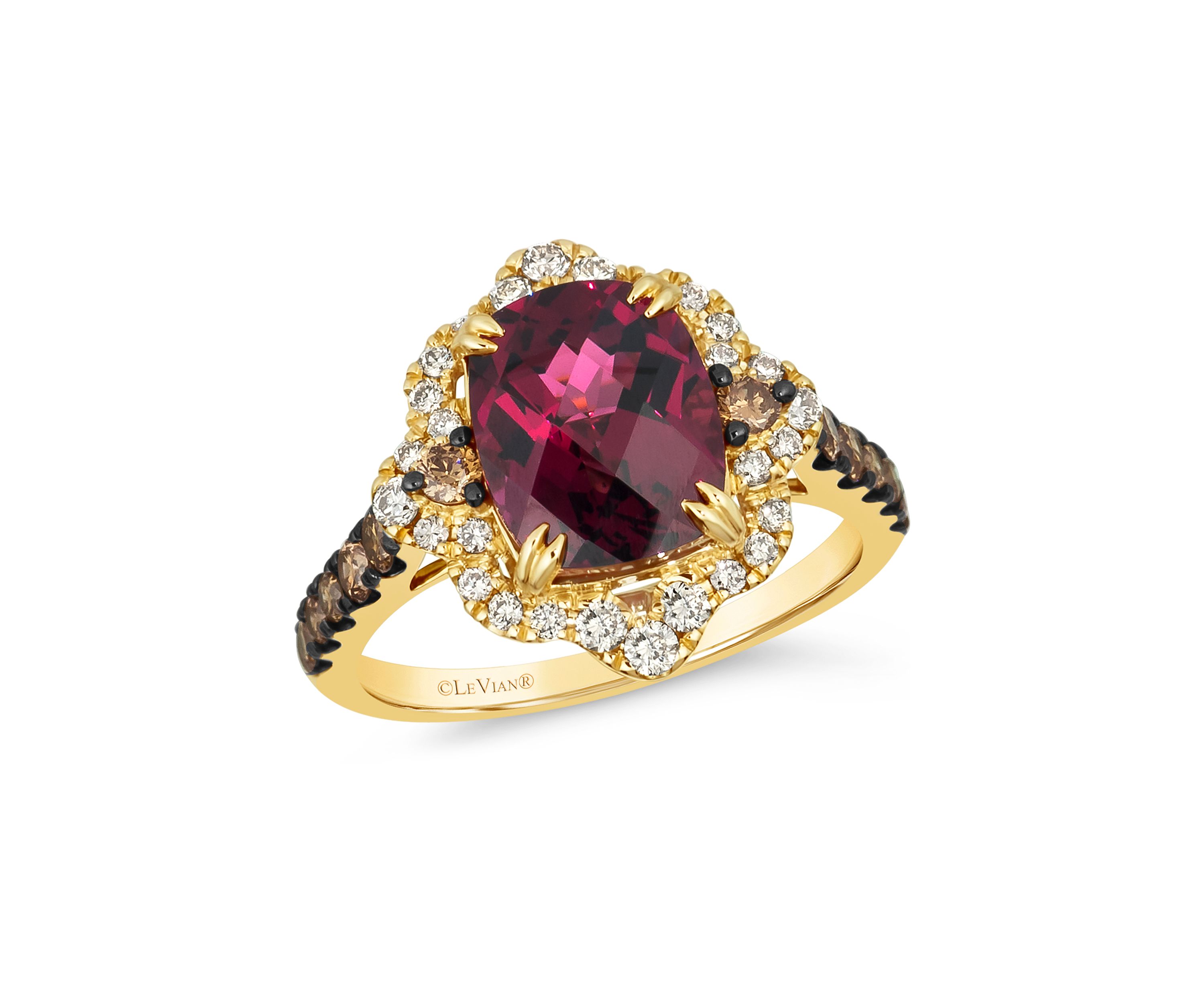 3.75 ct. t.w. Raspberry Rhodolite®, 3/8 ct. t.w. Chocolate Diamonds®, 1/3 ct. t.w. Nude Diamonds™ Ring in 14K Honey Gold™