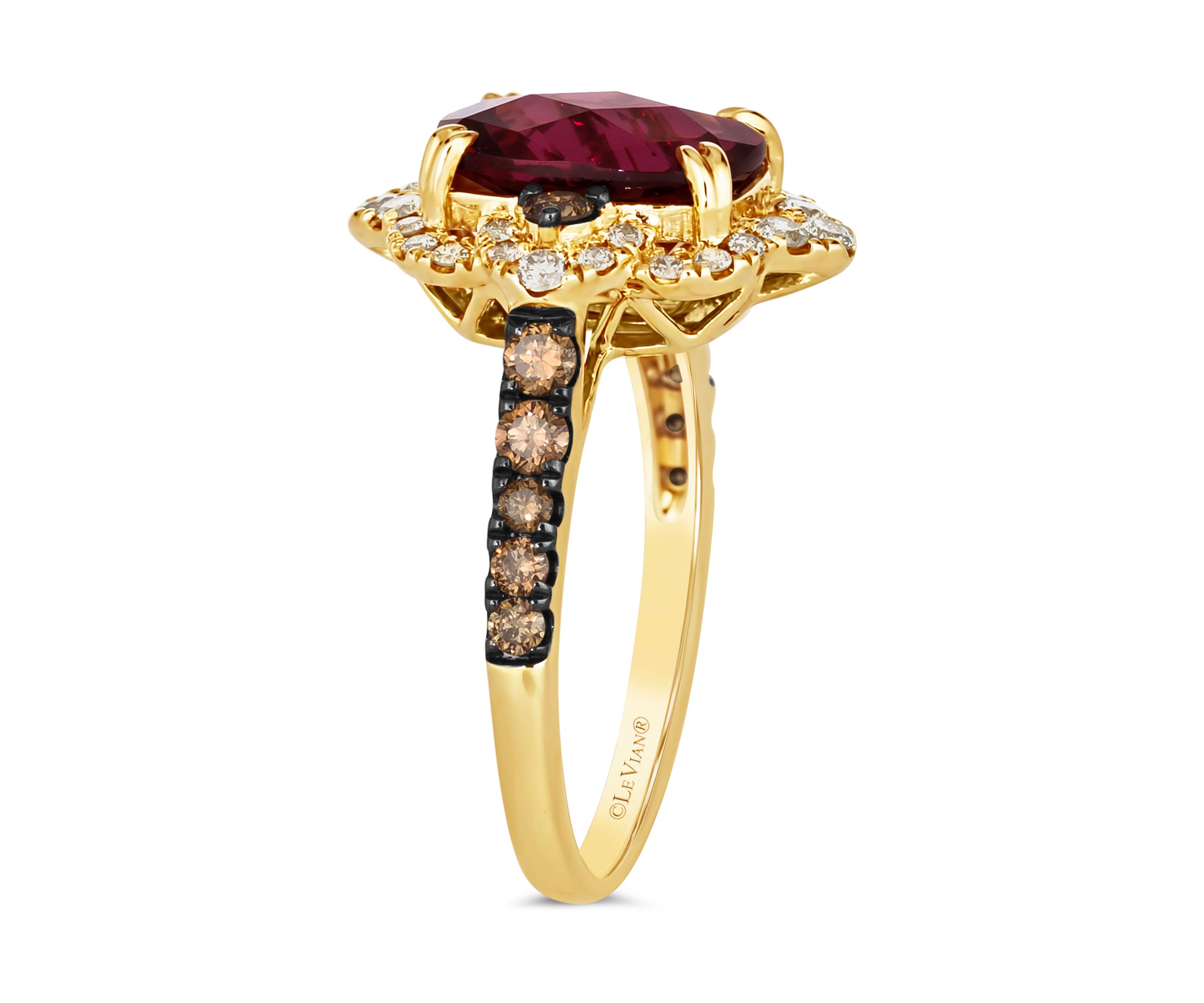 3.75 ct. t.w. Raspberry Rhodolite®, 3/8 ct. t.w. Chocolate Diamonds®, 1/3 ct. t.w. Nude Diamonds™ Ring in 14K Honey Gold™