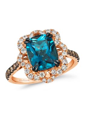 3.25 ct. t.w. Deep Sea Blue Topaz™, 1/3 ct. t.w. Chocolate Diamonds®, 3/8 ct. t.w. Nude Diamonds™ Ring in 14K Strawberry Gold®