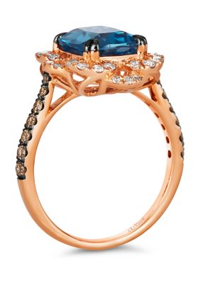 3.25 ct. t.w. Deep Sea Blue Topaz™, 1/3 ct. t.w. Chocolate Diamonds®, 3/8 ct. t.w. Nude Diamonds™ Ring in 14K Strawberry Gold®