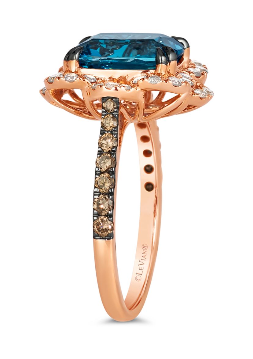 3.25 ct. t.w. Deep Sea Blue Topaz™, 1/3 ct. t.w. Chocolate Diamonds®, 3/8 ct. t.w. Nude Diamonds™ Ring in 14K Strawberry Gold®