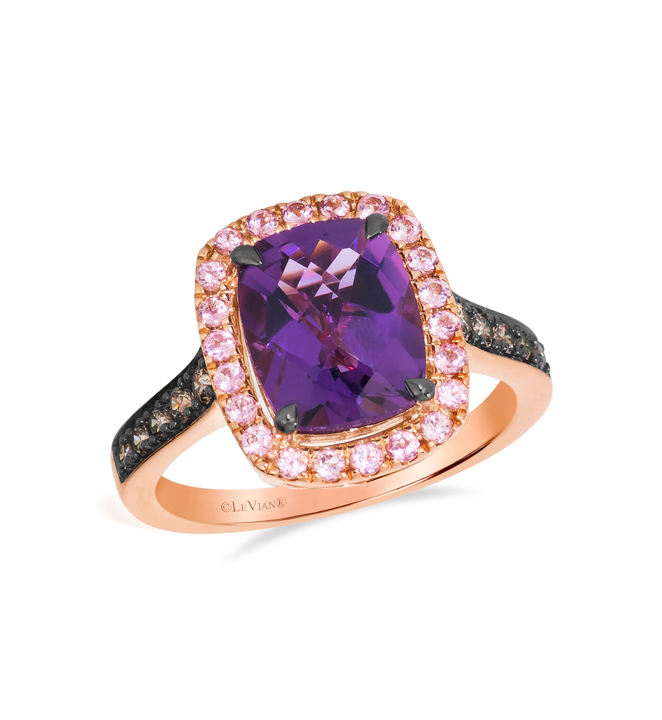 2.62 ct. t.w. Grape Amethyst™, 1/3 ct. t.w. Passion Fruit Tourmaline™, 1/4 ct. t.w. Chocolate Diamonds® Ring in 14K Strawberry Gold®