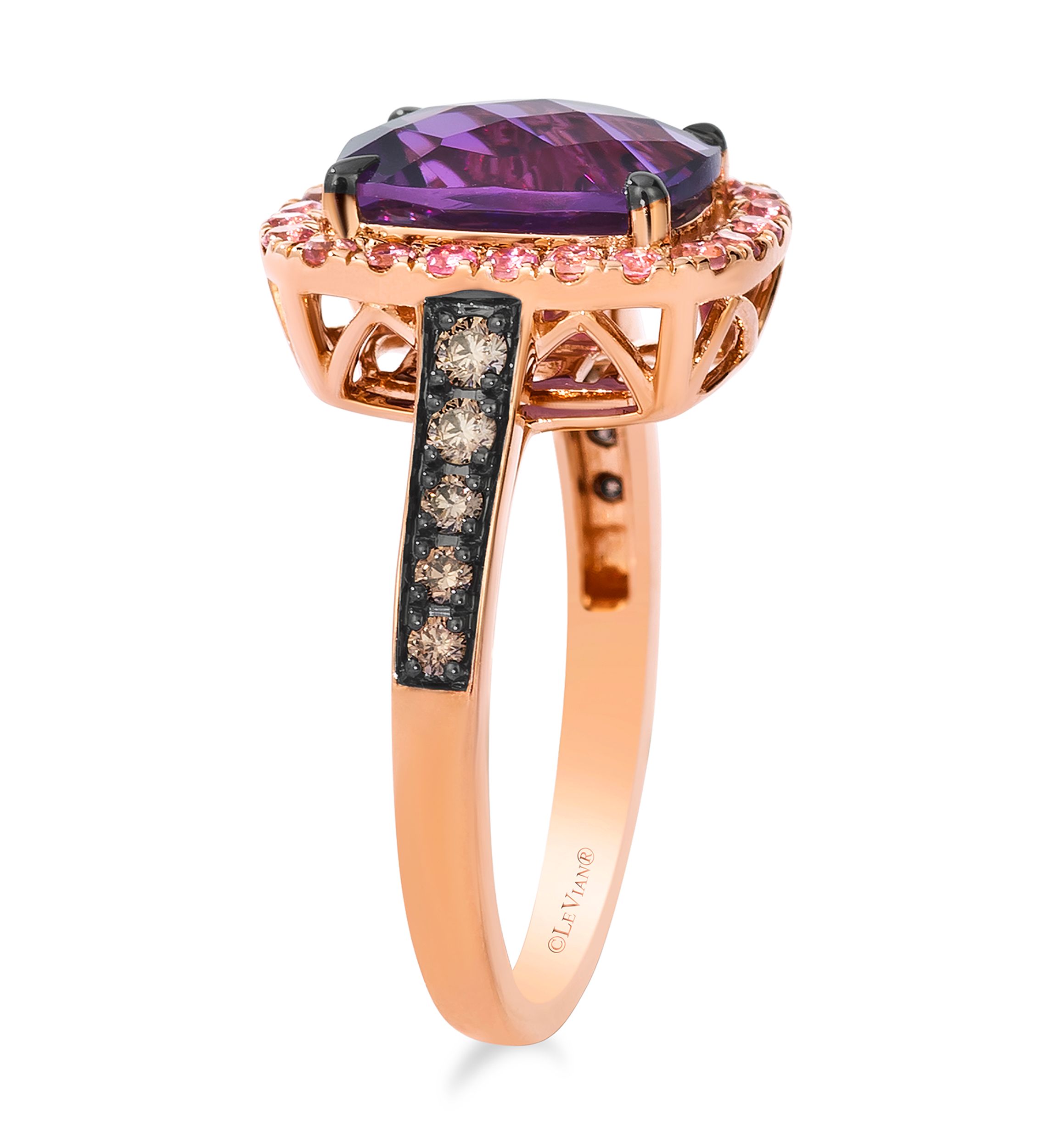 2.62 ct. t.w. Grape Amethyst™, 1/3 ct. t.w. Passion Fruit Tourmaline™, 1/4 ct. t.w. Chocolate Diamonds® Ring in 14K Strawberry Gold®