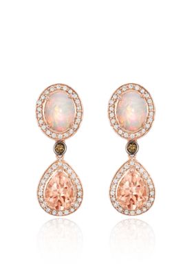 Peach Morganite with Neopolitan Opal, Vanilla Diamonds , and Chocolate Diamonds Earrings in 14K Strawberry Gold