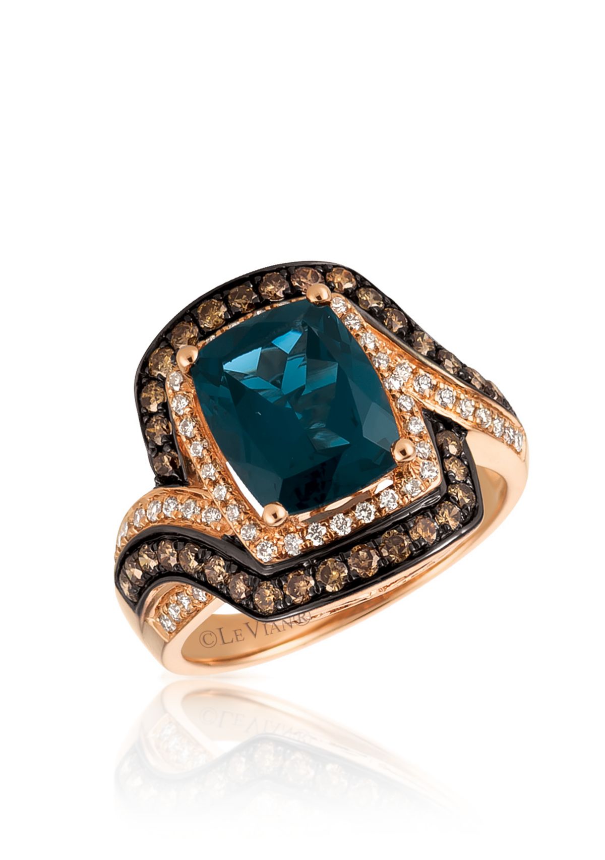 Deep Sea Blue Topaz™ with Vanilla Diamonds® and Chocolate Diamonds® Ring in 14K Strawberry Gold®