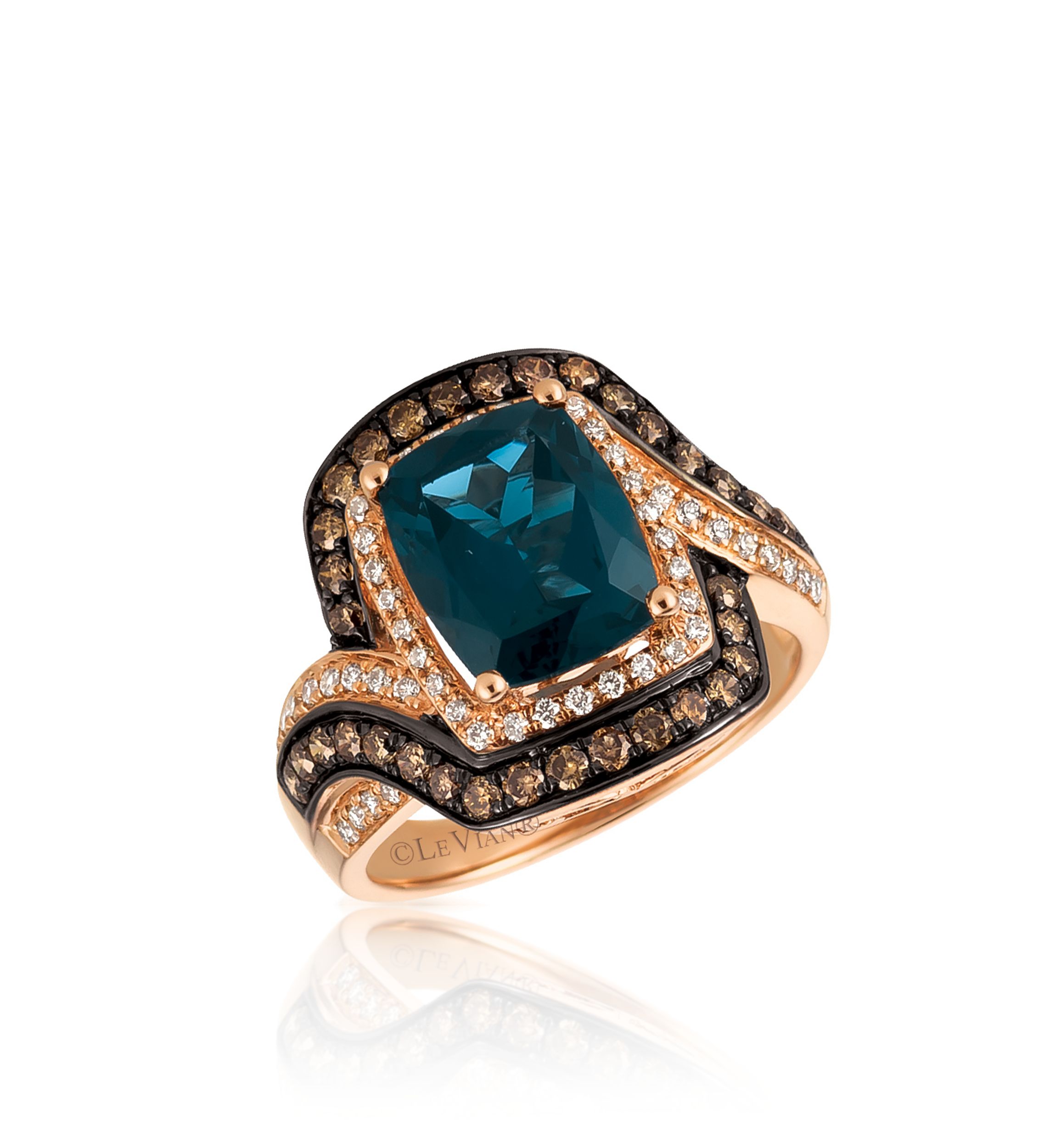 Deep Sea Blue Topaz™ with Vanilla Diamonds® and Chocolate Diamonds® Ring in 14K Strawberry Gold®