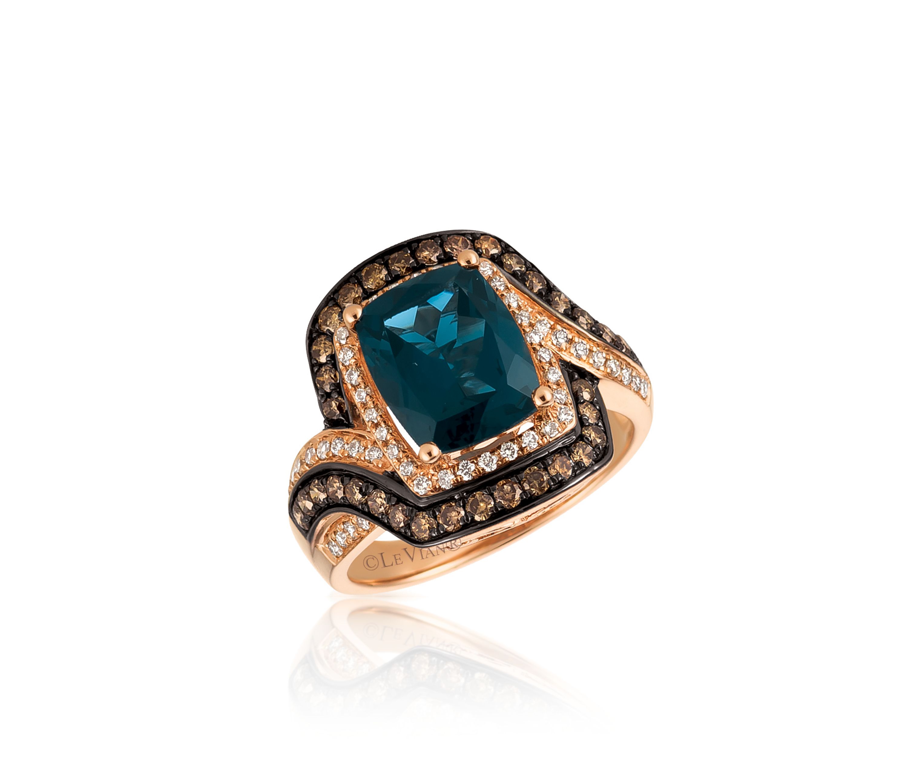 Deep Sea Blue Topaz™ with Vanilla Diamonds® and Chocolate Diamonds® Ring in 14K Strawberry Gold®