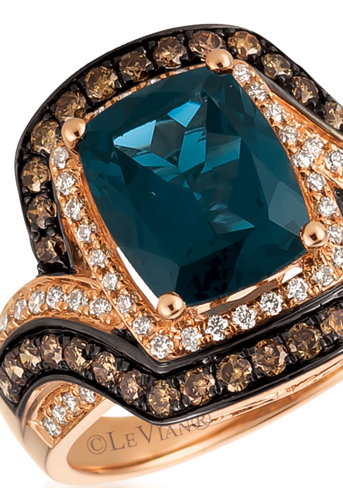 Deep Sea Blue Topaz™ with Vanilla Diamonds® and Chocolate Diamonds® Ring in 14K Strawberry Gold®