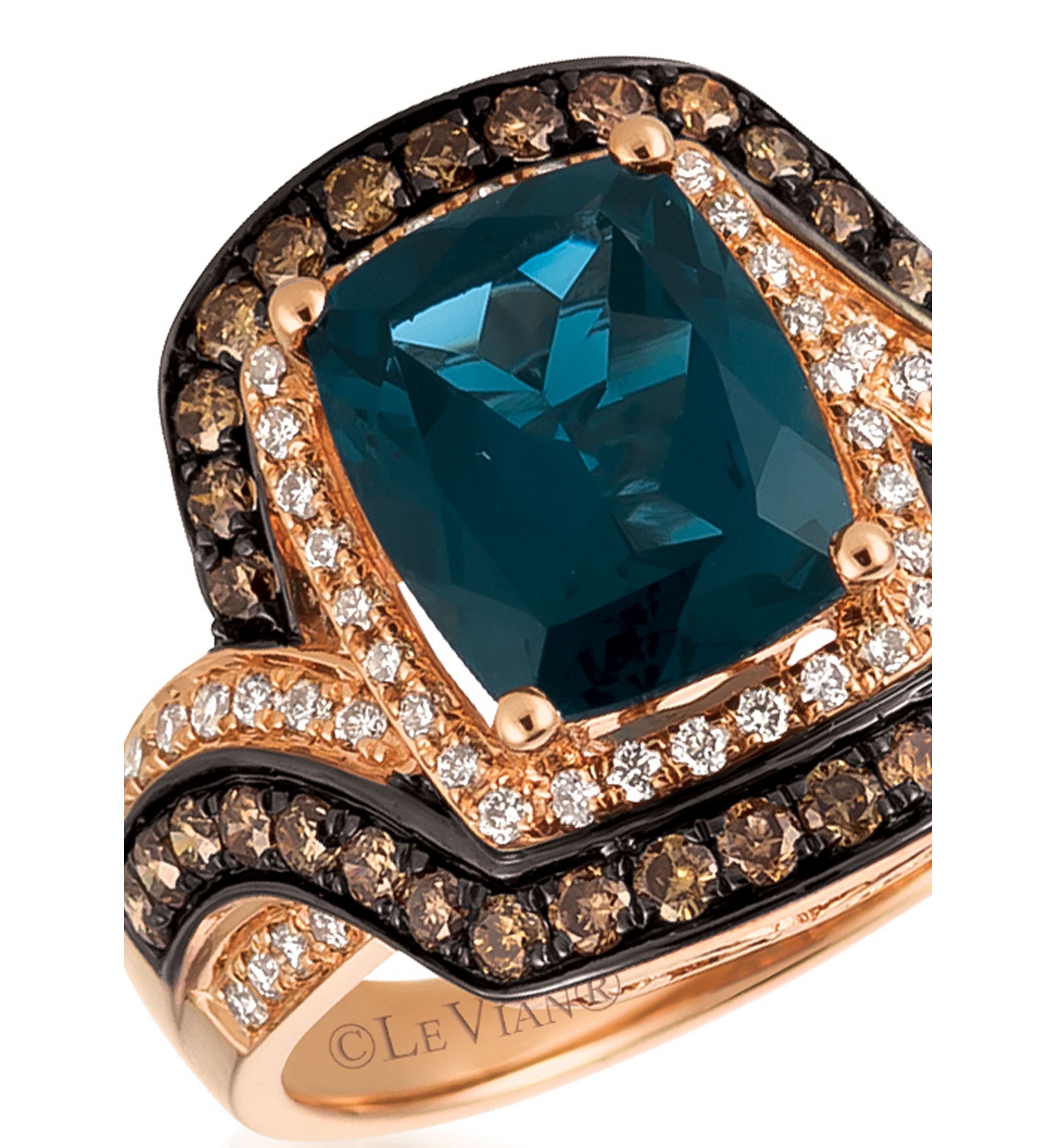 Deep Sea Blue Topaz™ with Vanilla Diamonds® and Chocolate Diamonds® Ring in 14K Strawberry Gold®