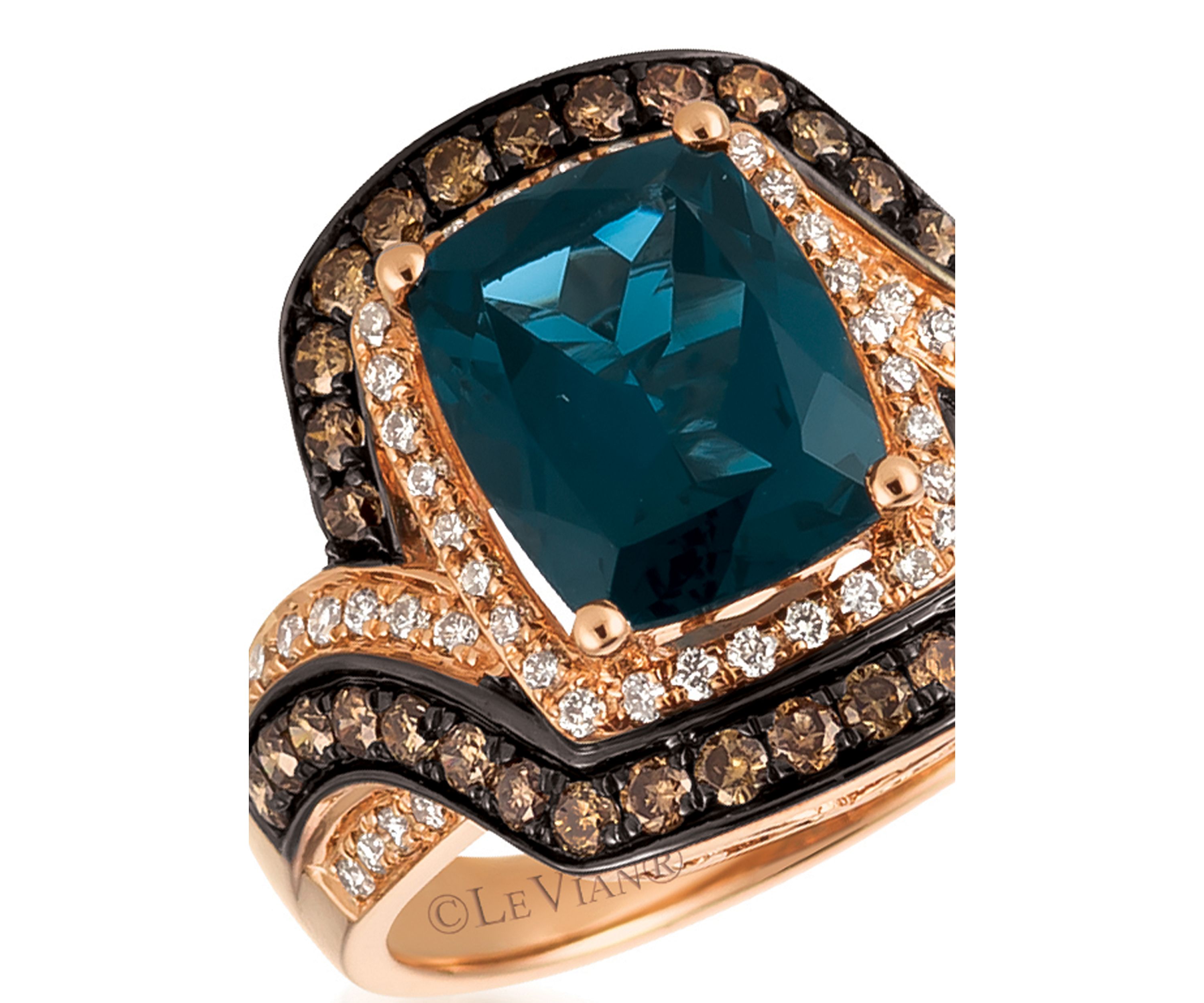 Deep Sea Blue Topaz™ with Vanilla Diamonds® and Chocolate Diamonds® Ring in 14K Strawberry Gold®
