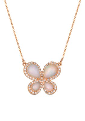  Neopolitan Opal and Vanilla Diamonds Butterfly Necklace in 14k Strawberry Gold