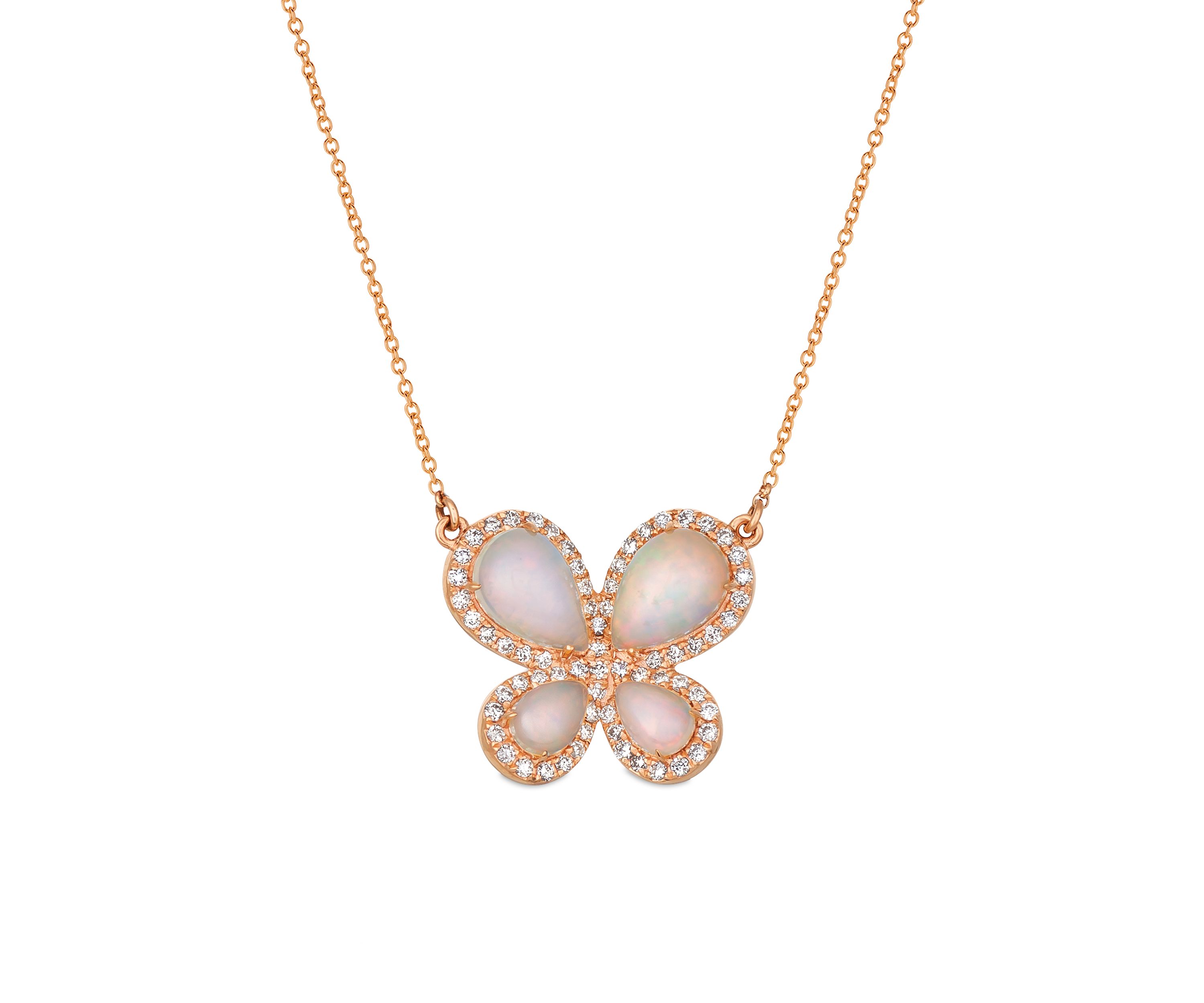  Neopolitan Opal and Vanilla Diamonds Butterfly Necklace in 14k Strawberry Gold