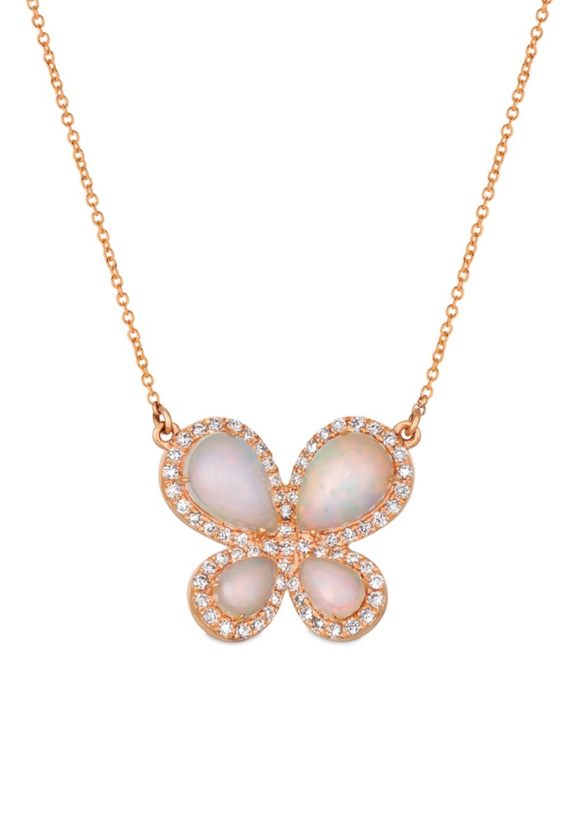  Neopolitan Opal and Vanilla Diamonds Butterfly Necklace in 14k Strawberry Gold