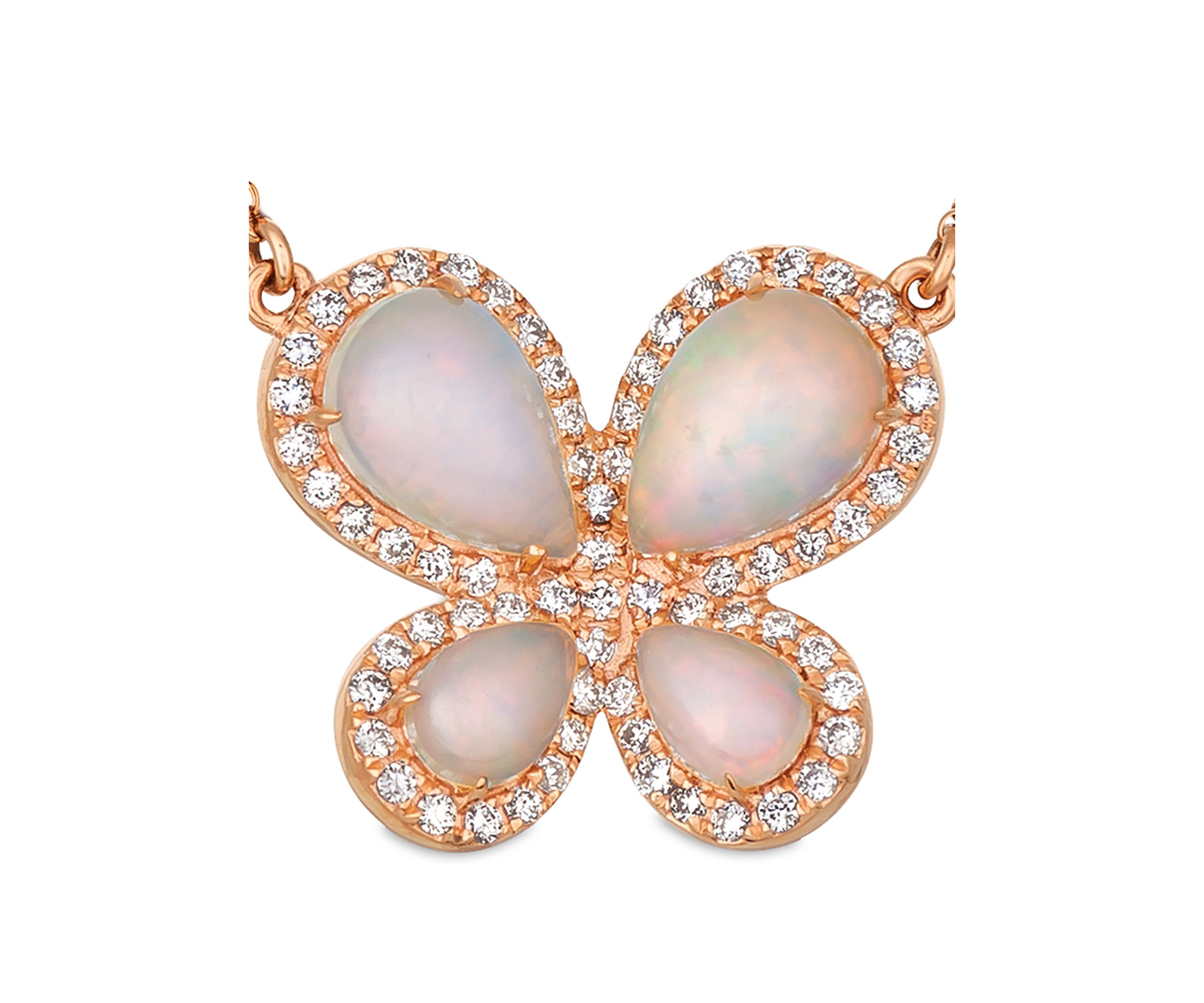  Neopolitan Opal and Vanilla Diamonds Butterfly Necklace in 14k Strawberry Gold