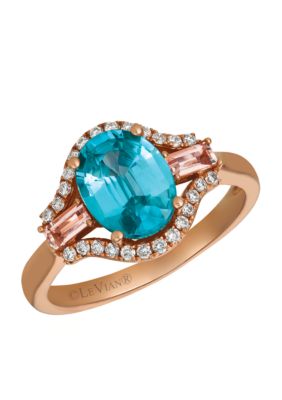 Blueberry Zircon, Peach Morganite, and Vanilla Diamonds Ring Set in 14k Strawberry Gold
