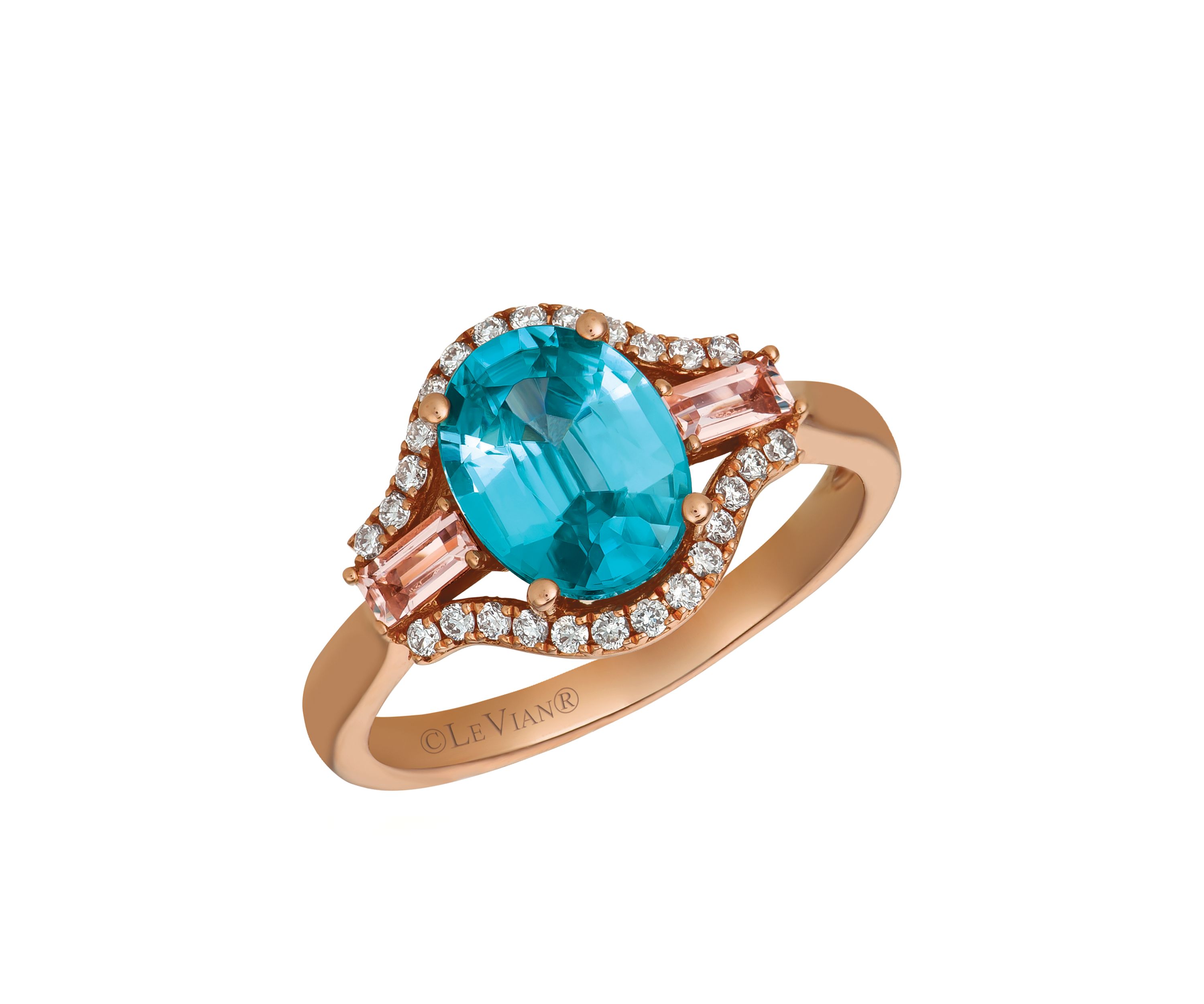 Blueberry Zircon, Peach Morganite, and Vanilla Diamonds Ring Set in 14k Strawberry Gold