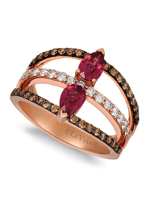1/4 ct. t.w. Nude Diamonds™, 3/4 ct. t.w. Chocolate Diamonds®, and 1 ct. t.w. Raspberry Rhodolite® Ring in 14K Strawberry Gold®