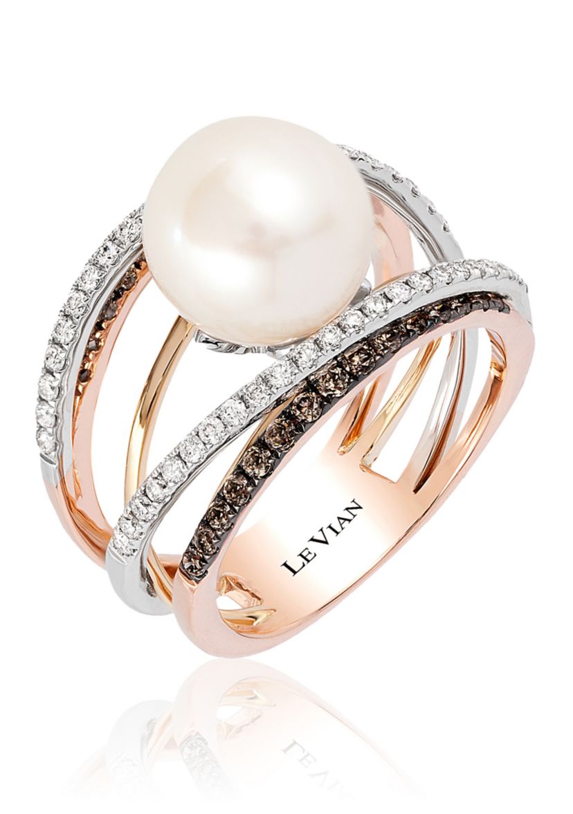 Chocolatier® Ring featuring Vanilla Pearls™, 1/3 ct. t.w. Vanilla Diamonds®, 3/8 ct. t.w. Chocolate Diamonds® in 14K Tri Color Gold