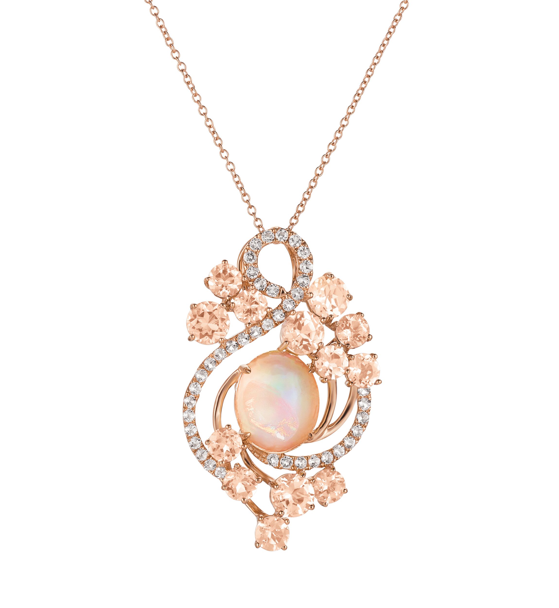 2.62 ct. t.w. Neopolitan Opal™, 3.2 ct. t.w. Peach Morganite™, 3/4 ct. t.w. Vanilla Topaz™ Necklace in 14K Strawberry Gold®
