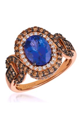 2 ct. t.w. Blueberry Tanzanite®, 3/4 ct. t.w. Chocolate Diamonds®, 1/3 ct. t.w. Vanilla Diamonds® Ring in 14K Strawberry Gold®