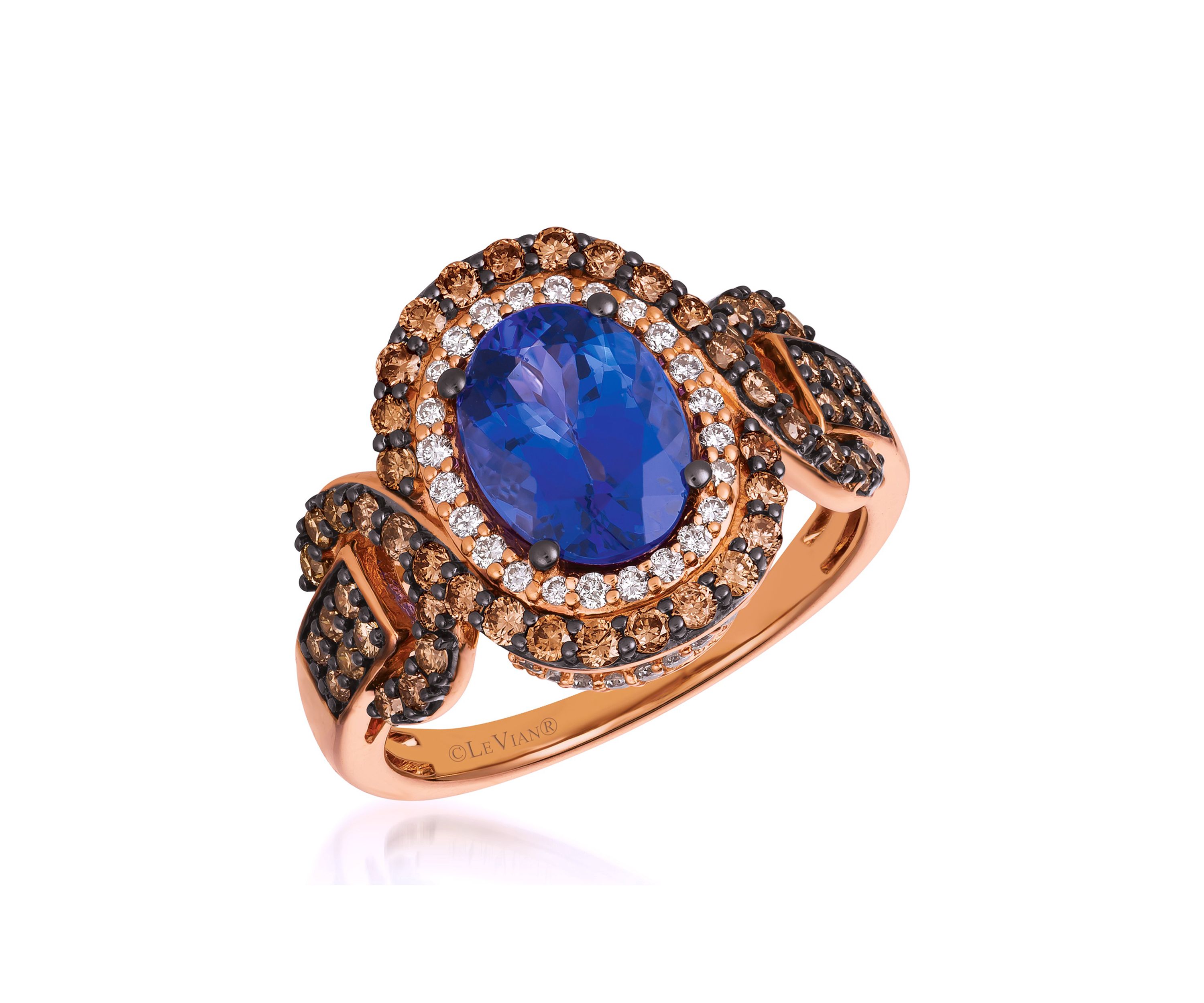 2 ct. t.w. Blueberry Tanzanite®, 3/4 ct. t.w. Chocolate Diamonds®, 1/3 ct. t.w. Vanilla Diamonds® Ring in 14K Strawberry Gold®