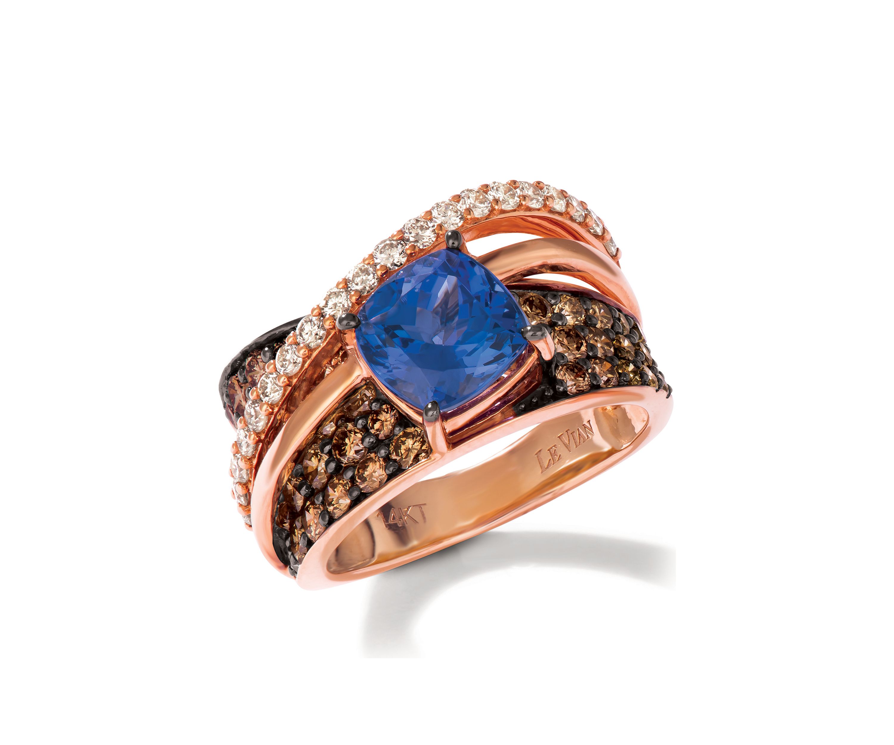 2 ct. t.w. Blueberry Tanzanite®, 1.37 ct. t.w. Chocolate Diamonds®, 3/8 ct. t.w. Vanilla Diamonds® Ring in 14K Strawberry Gold®